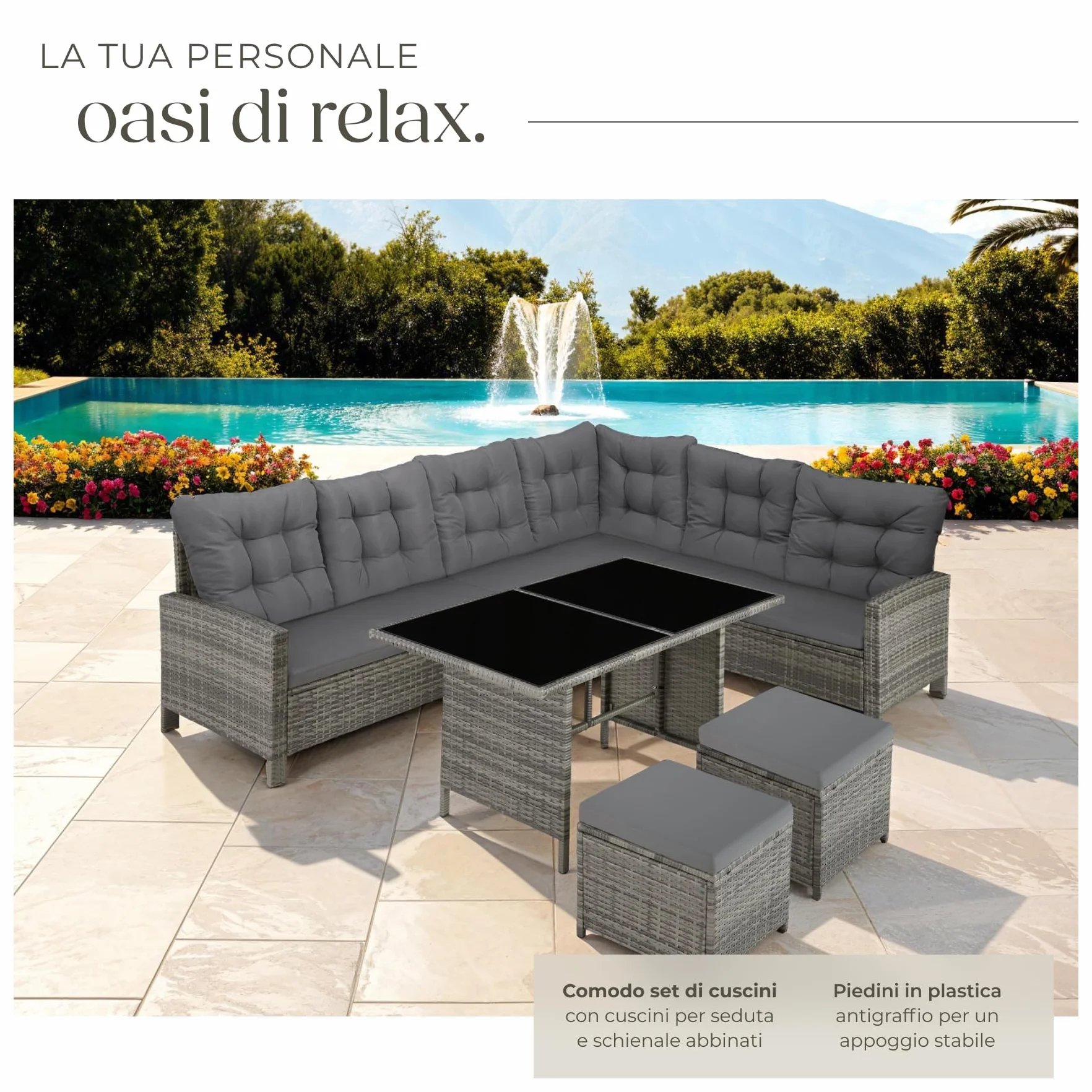 tectake® Set Salotto Rattan, Salotto da Giardino Esterno, Telaio Acciaio, Tavolino da Salotto 2 Piani in Vetro, Divani, Cuscini Relax, Sgabelli Poggiapiedi, Piscina, Giardino - Grigio Mélange/Grigio