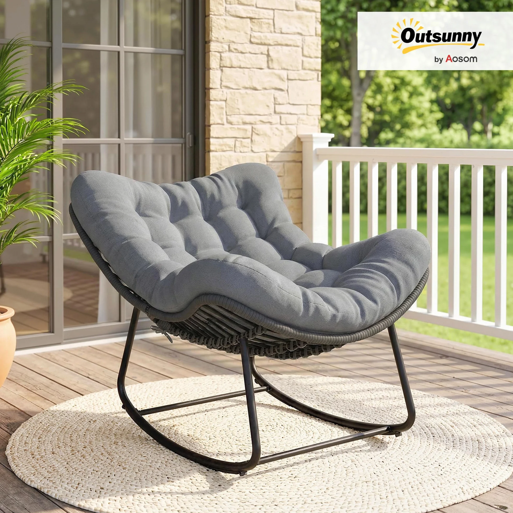 Outsunny Sedia a Dondolo in Rattan Oversize con Cuscino, Struttura Metallo Zincato, Max 120 kg, Grigio Scuro