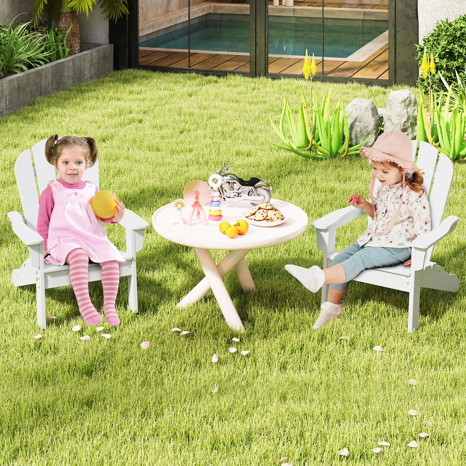 RELAX4LIFE Sedia Adirondack per Bambini con Schienale Alto e Braccioli per Interno ed Esterno, Sedia da Patio in HDPE Resistente per Bambini da 3 a 8 Anni per Giardino, Prato, Cortile (Bianco)