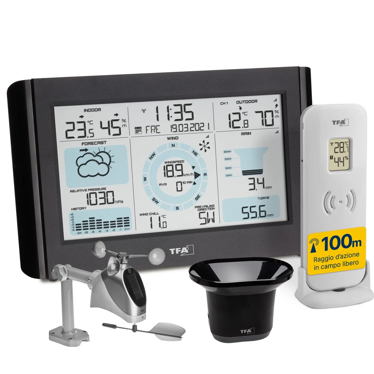 TFA Dostmann stazione meteo Weather Pro, 35.1161.01, con pluviometro, anemometro e sensore esterno, previsioni del tempo, radiocontrollata, temperatura e umidità, pressione atmosferica, nero