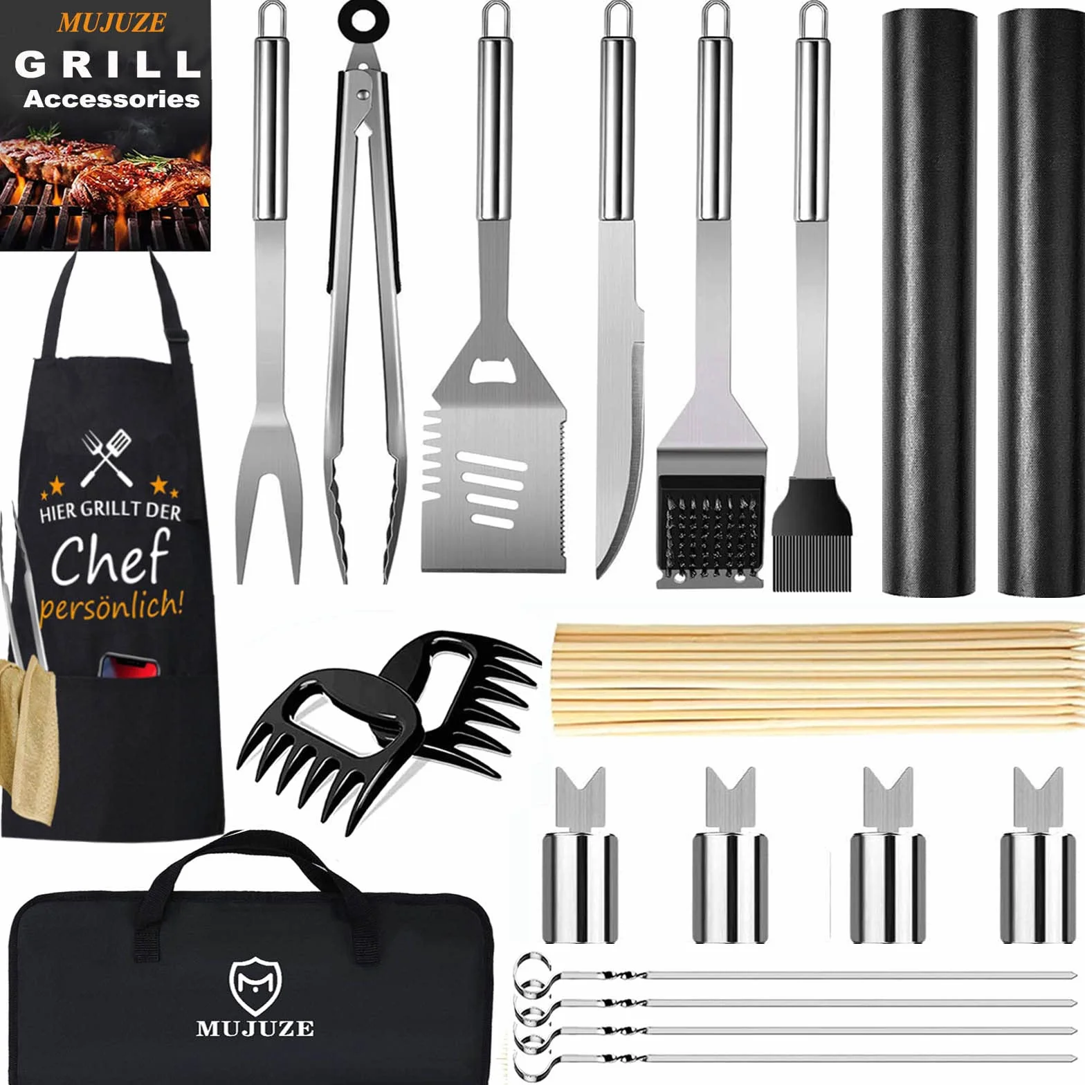 MUJUZE Set Barbecue Uomo Regalo, Kit Barbecue Accessori BBQ Professionale in Acciaio Inox,BBQ Set Accessori,Utensili barbecue per All'aperto Campeggio