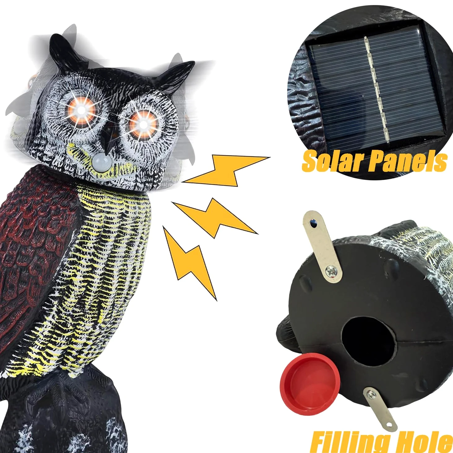 Gufo Dissuasore per Piccioni, Gufo Finto Spaventapasseri, Gufo Spaventa Uccelli Solare, Scaccia Corvi Colombi, Civetta per Giardino Realistico di Plastica, con sensore di Movimento