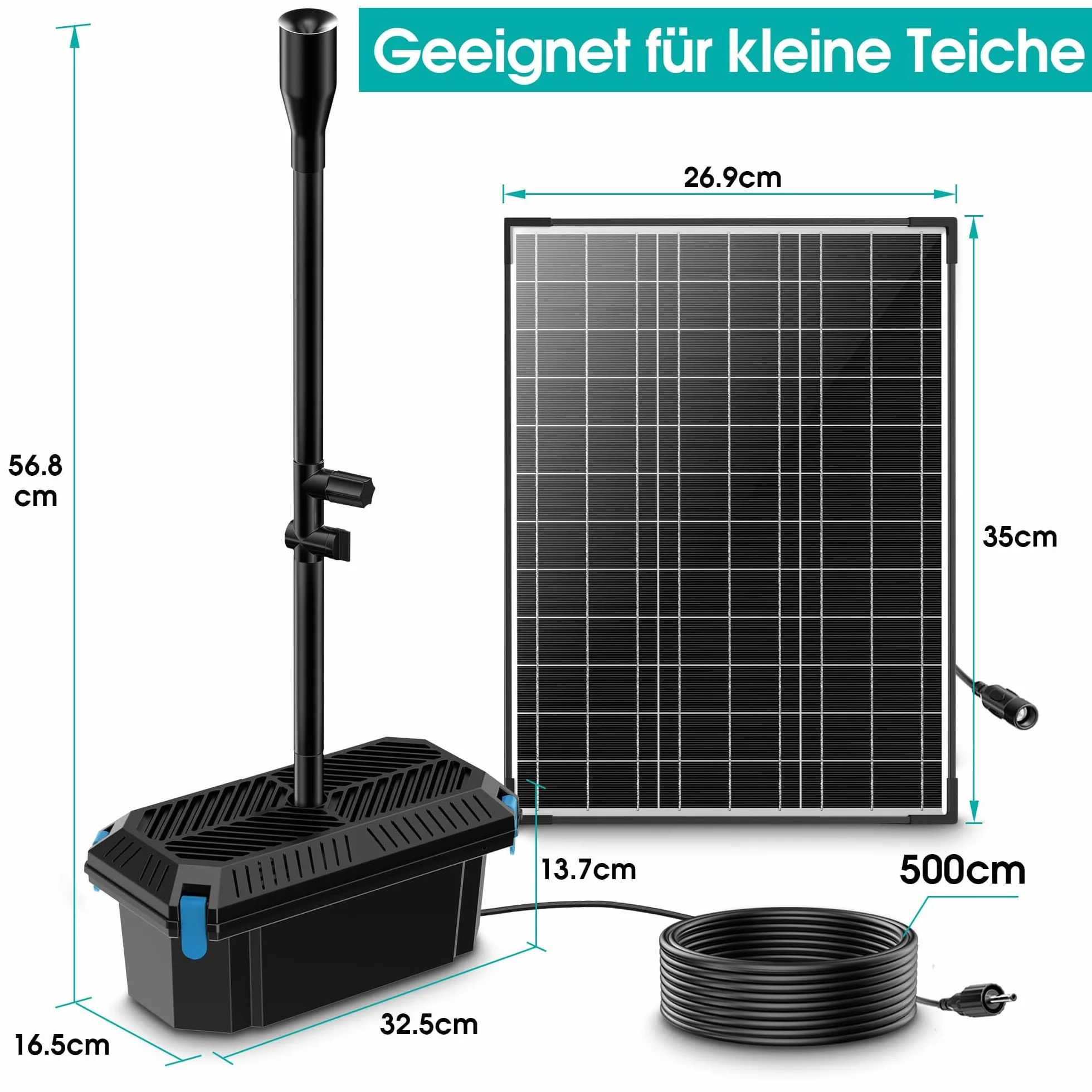 Pompa fontana solare Biling con filtro, portata 875 L/H, cavo 5 m per stagno e cascata
