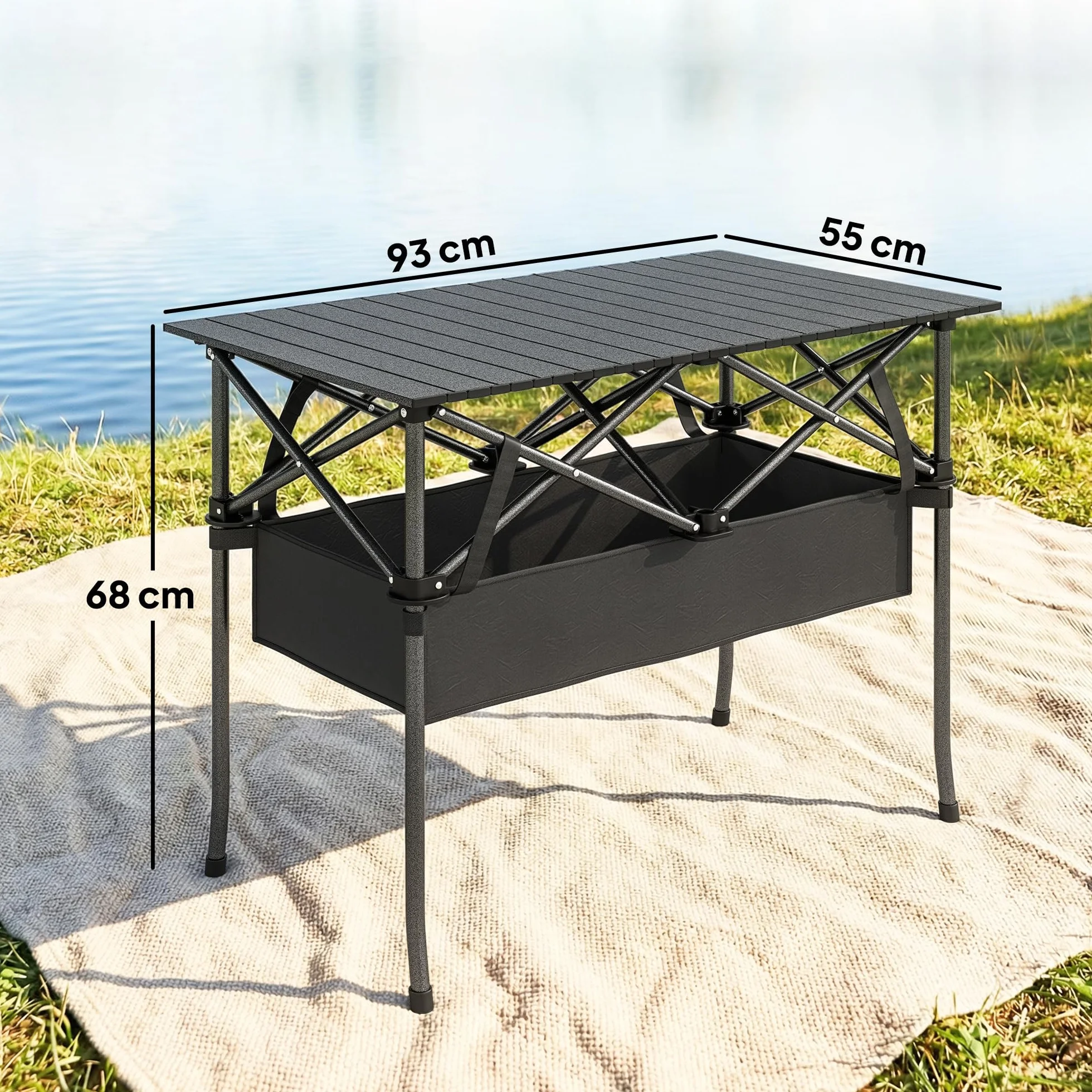 Outsunny Tavolo da Picnic Pieghevole 93cm con Rete Portaoggetti e Borsa, Struttura in Metallo, Nero