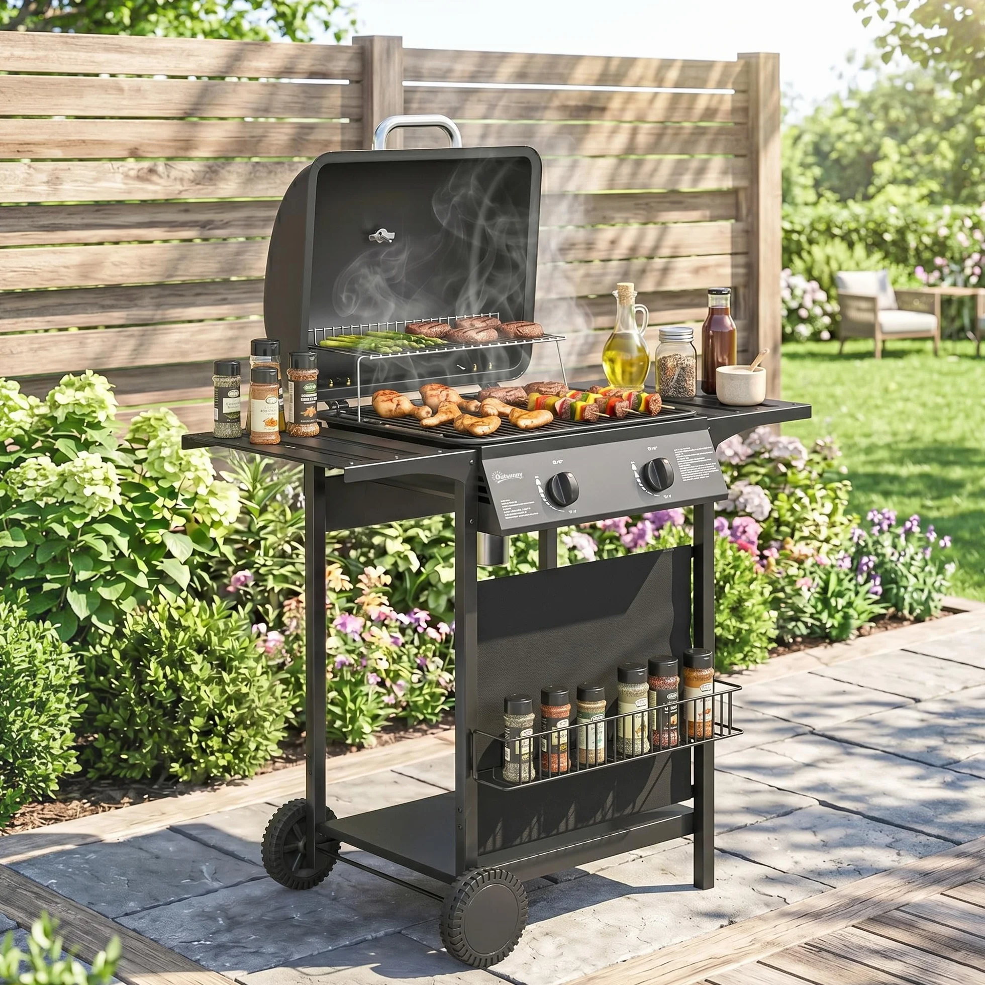 Outsunny Barbecue a Gas 2 Bruciatori 5KW BBQ Portatile Griglia Acciaio Inox con Ruote Giardino
