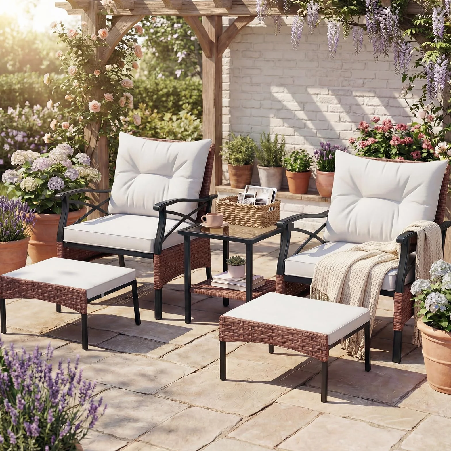 GIANTEX Set da Giardino in Rattan per 2 Persone con Poltrone e Sgabello