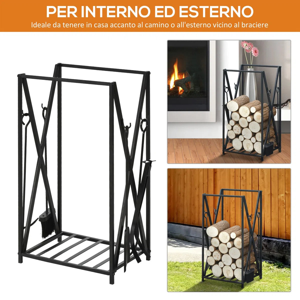 HOMCOM Scaffale Portalegna in Acciaio 4 Attrezzi, 46x30x76cm, Nero
