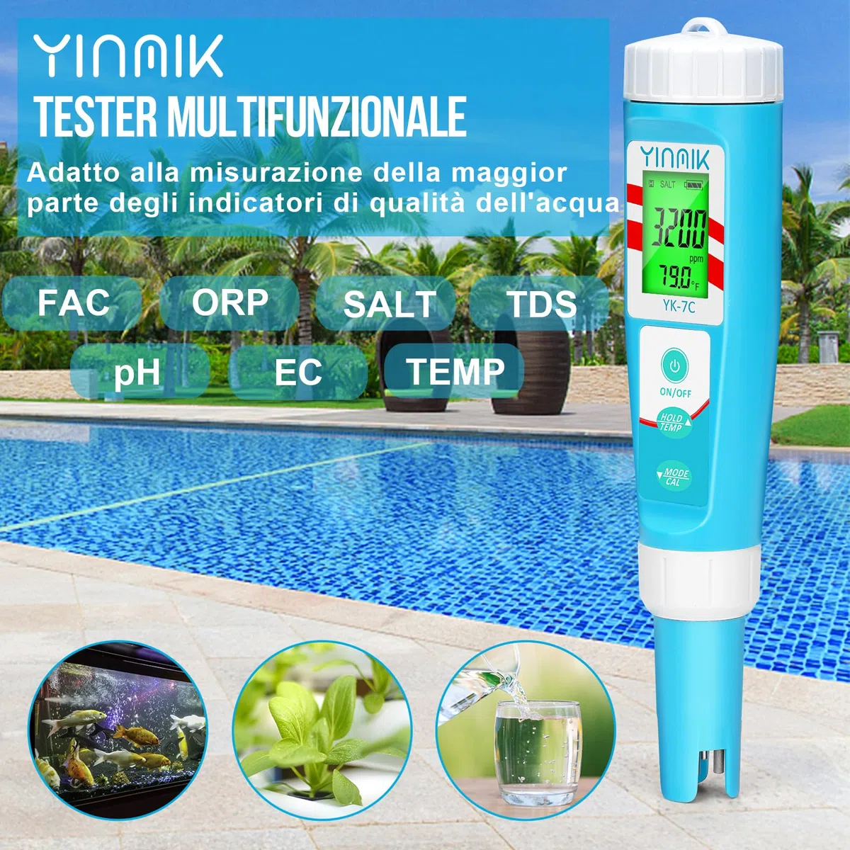 YINMIK Misuratore Digitale di pH e Cloro, Penna per Test Piscina con Soluzione di Calibrazione