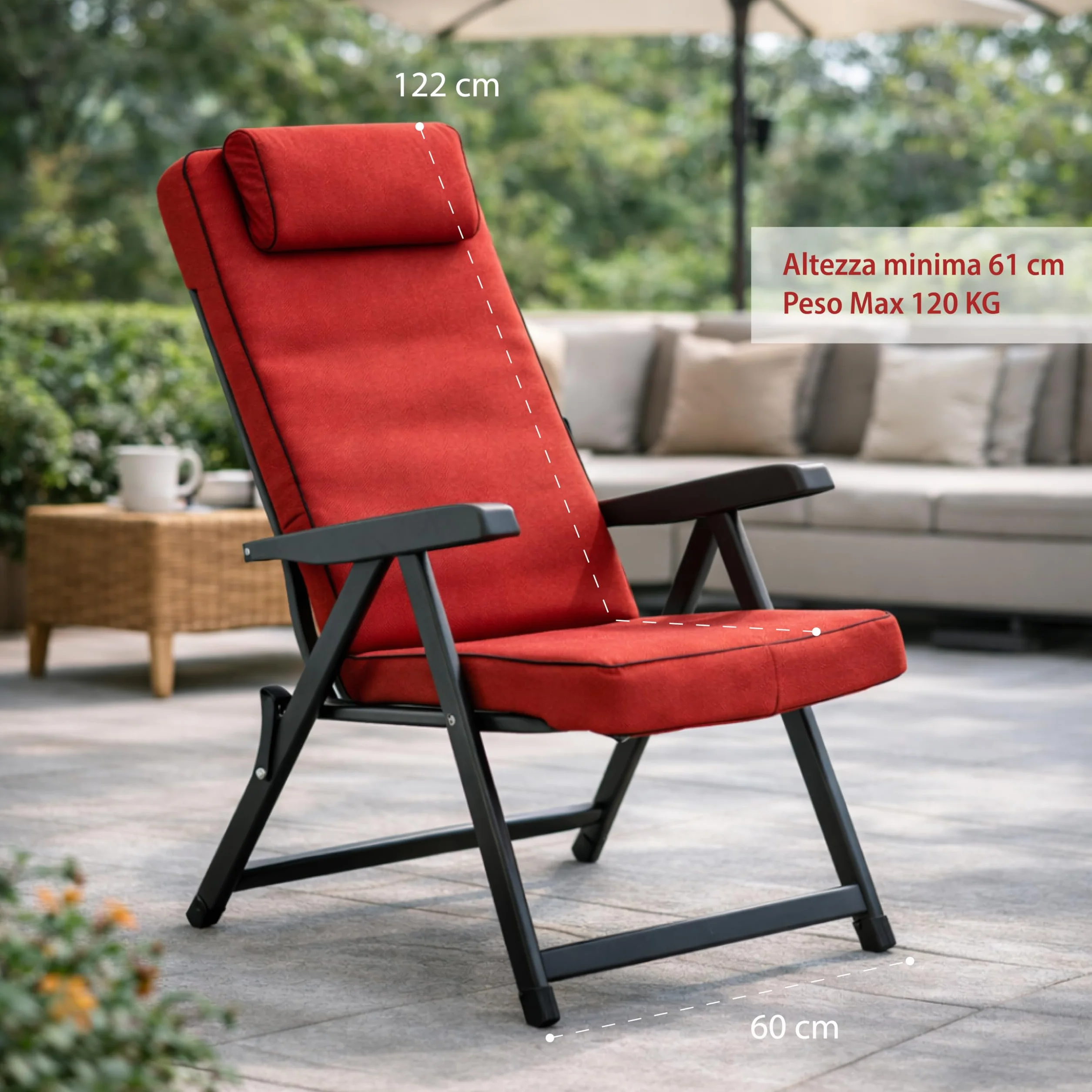 MA MAISON Sedia Reclinabile Imbottita 122x60x61 cm - con Poggiatesta, 6 Posizioni, Braccioli Ergonomici, Struttura in Acciaio, per Interno, Esterno - Made in Italy ROSSO