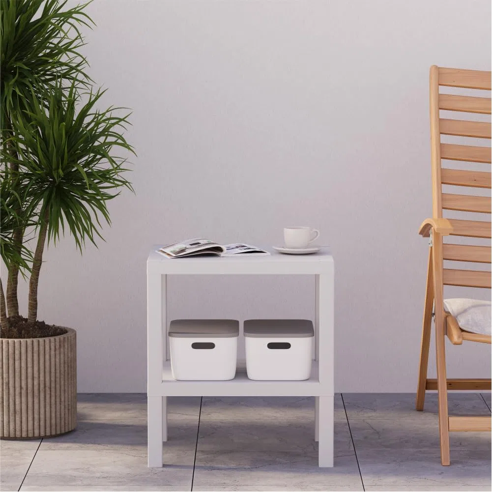 sugodesign OMBEG Tavolino multiuso a 2 ripiani, comodino, rettangolare, in plastica impermeabile, portata 10 kg per ripiano, per bagno, cucina, balcone, camera da letto (bianco)