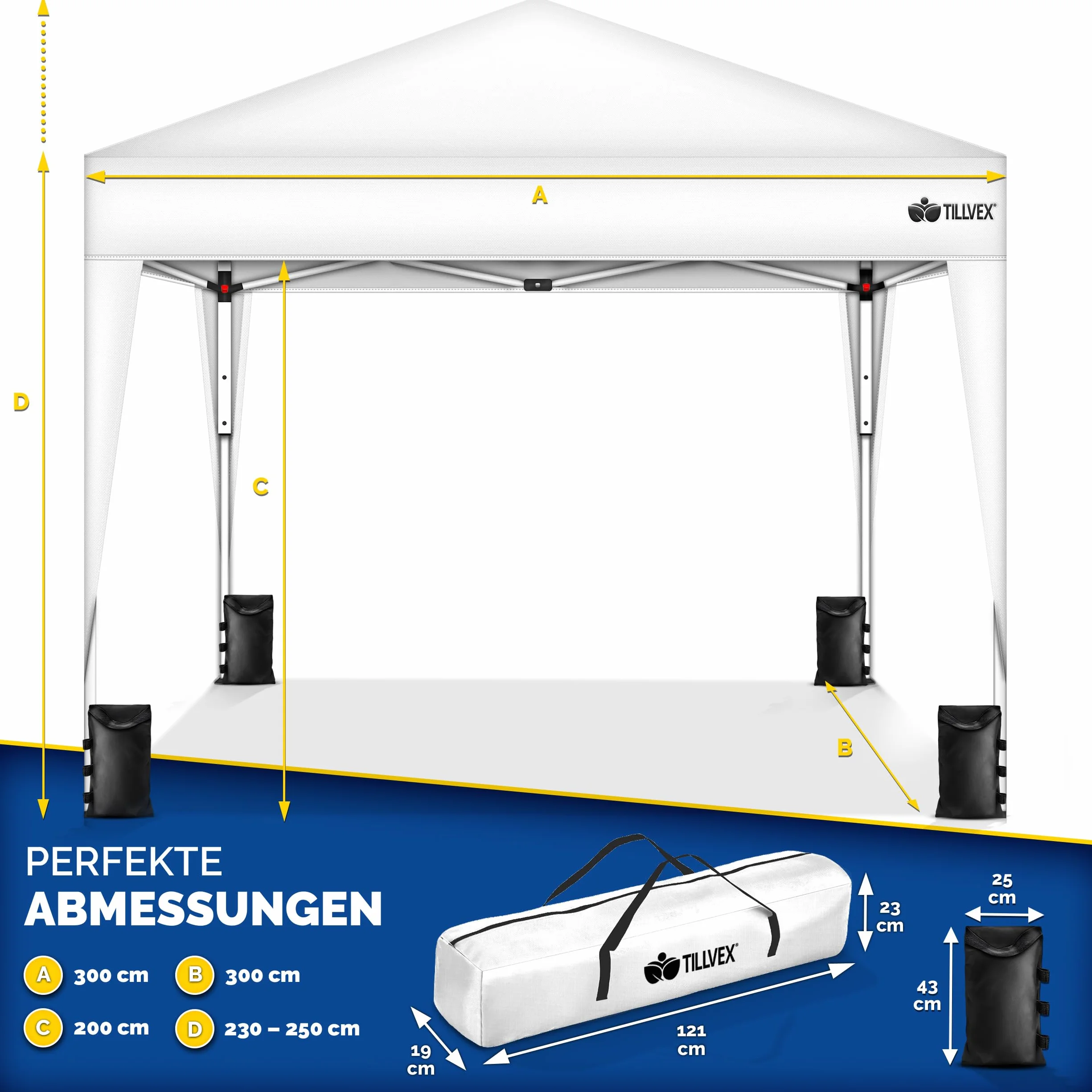 Tillvex Gazebo 3x3m Impermeabile Pieghevole Pop-Up Regolabile in Altezza con Protezione UV 50+ Tenda da Giardino Bianco