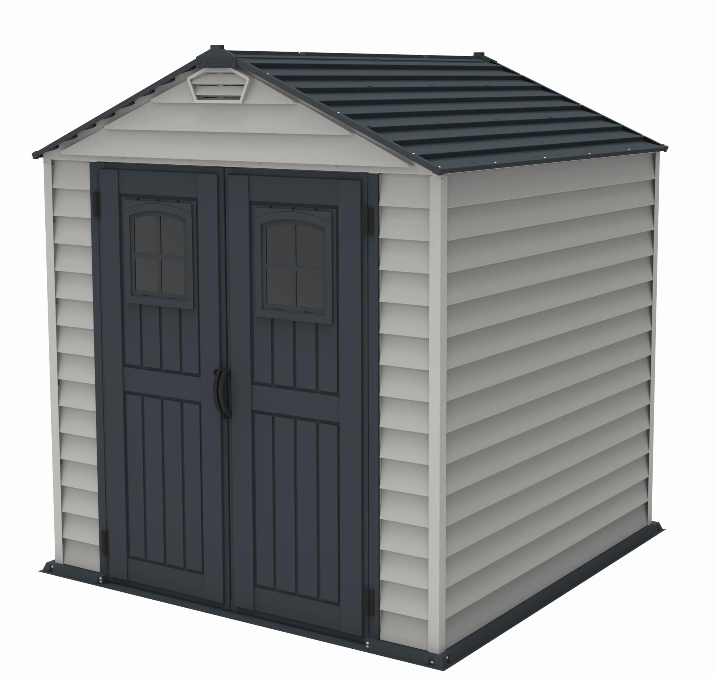 Duramax StoreMax Capanno da giardino in plastica, 7 x 7, con pavimento, e finestra fissa su porte, struttura in metallo resistente ignifugo e senza manutenzione, Grigio scuro/Adobe