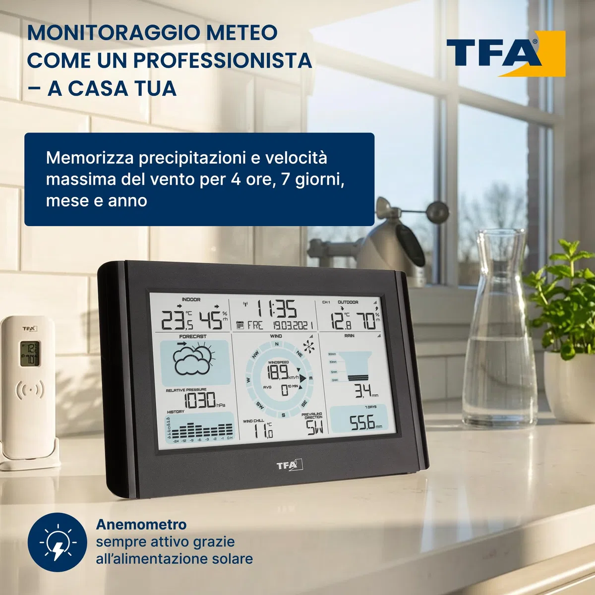 TFA Dostmann stazione meteo Weather Pro, 35.1161.01, con pluviometro, anemometro e sensore esterno, previsioni del tempo, radiocontrollata, temperatura e umidità, pressione atmosferica, nero