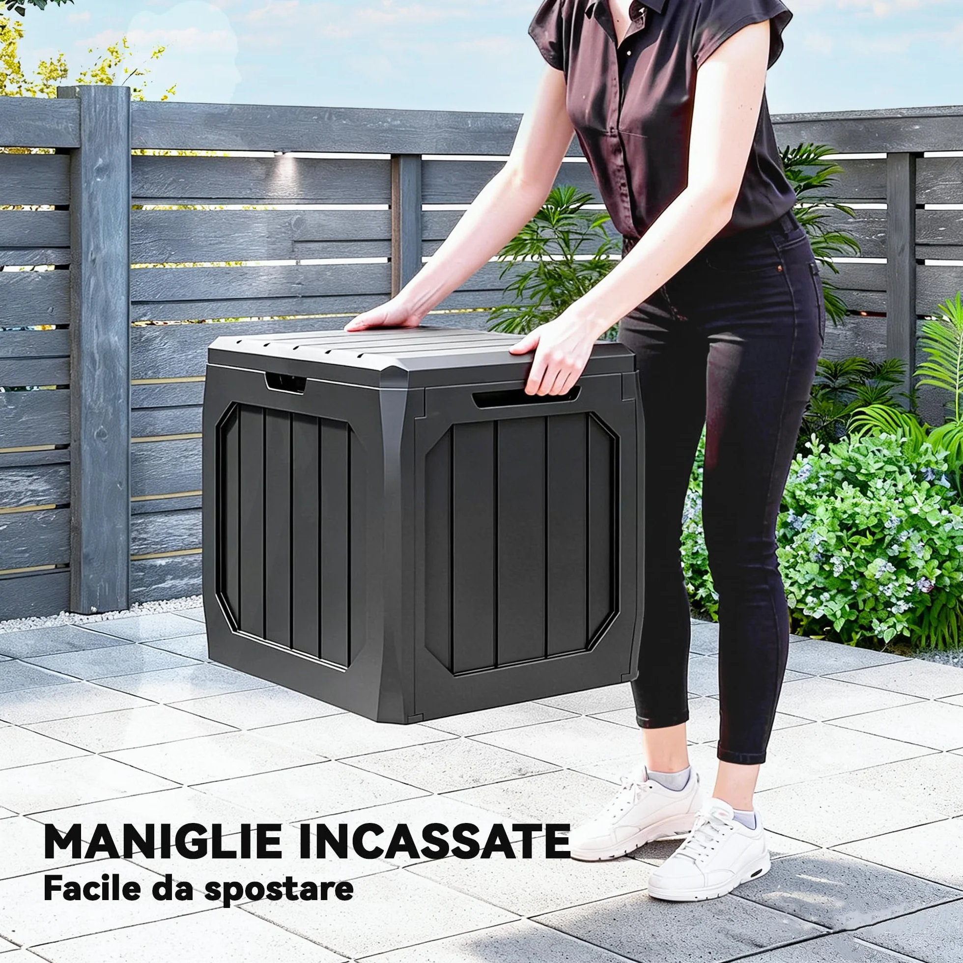 Outsunny Baule da Giardino 121L Plastica Impermeabile Bloccabile 56x45x53 cm Nero