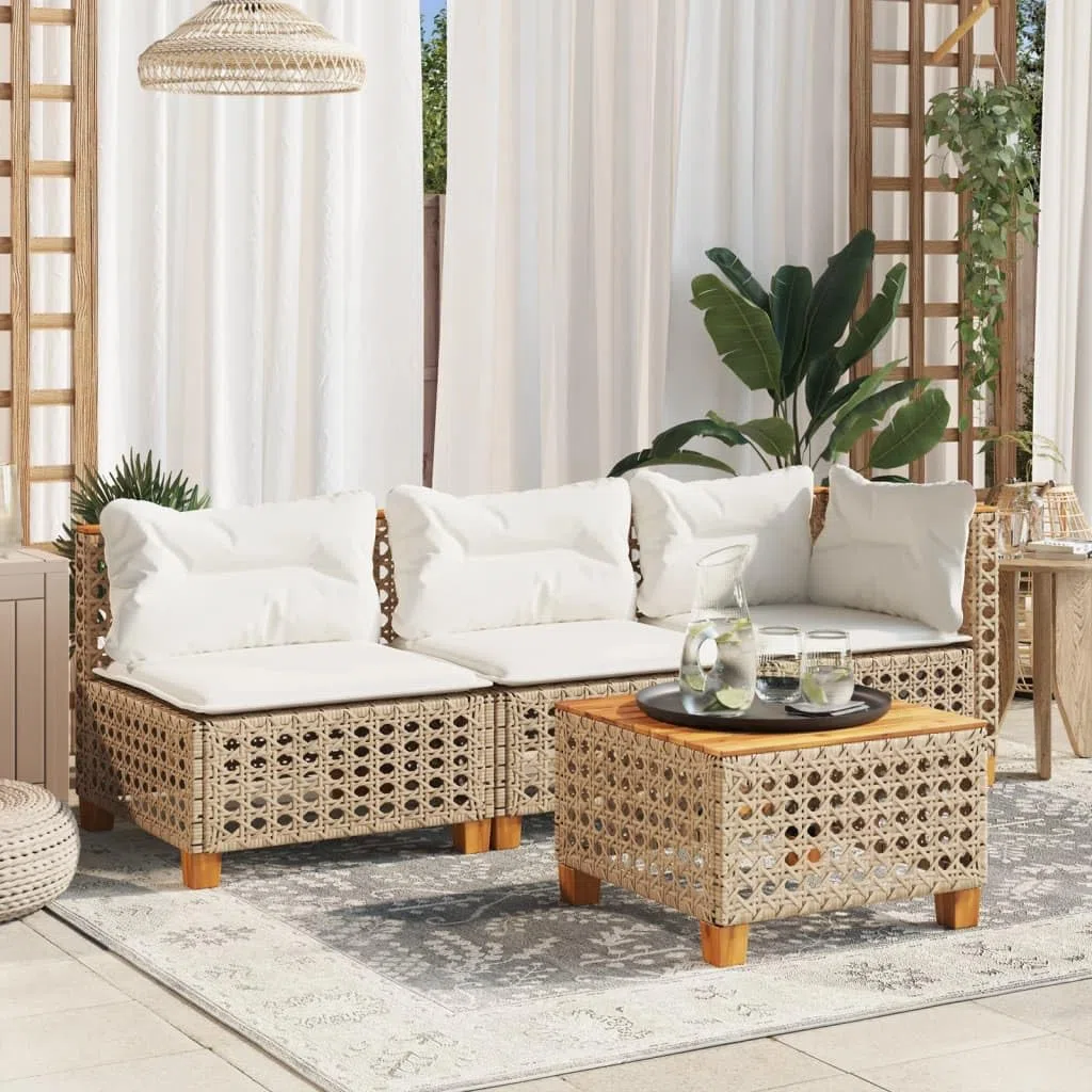 vidaxl Divano da giardino a 3 posti in polyrattan beige con cuscini - Meteo 190,5 x 63,5 x 62 cm - Comodo mobile modulare da esterno