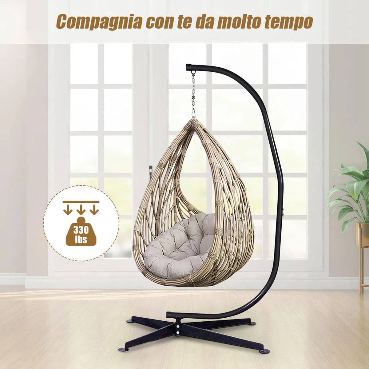 COSTWAY Supporto per Amaca a Sedia a Forma di C, Sostegno per Sedia in Acciaio, Carico Massimo di 150 kg, Nero (Solo Telaio, Senza Amaca a Sedia)