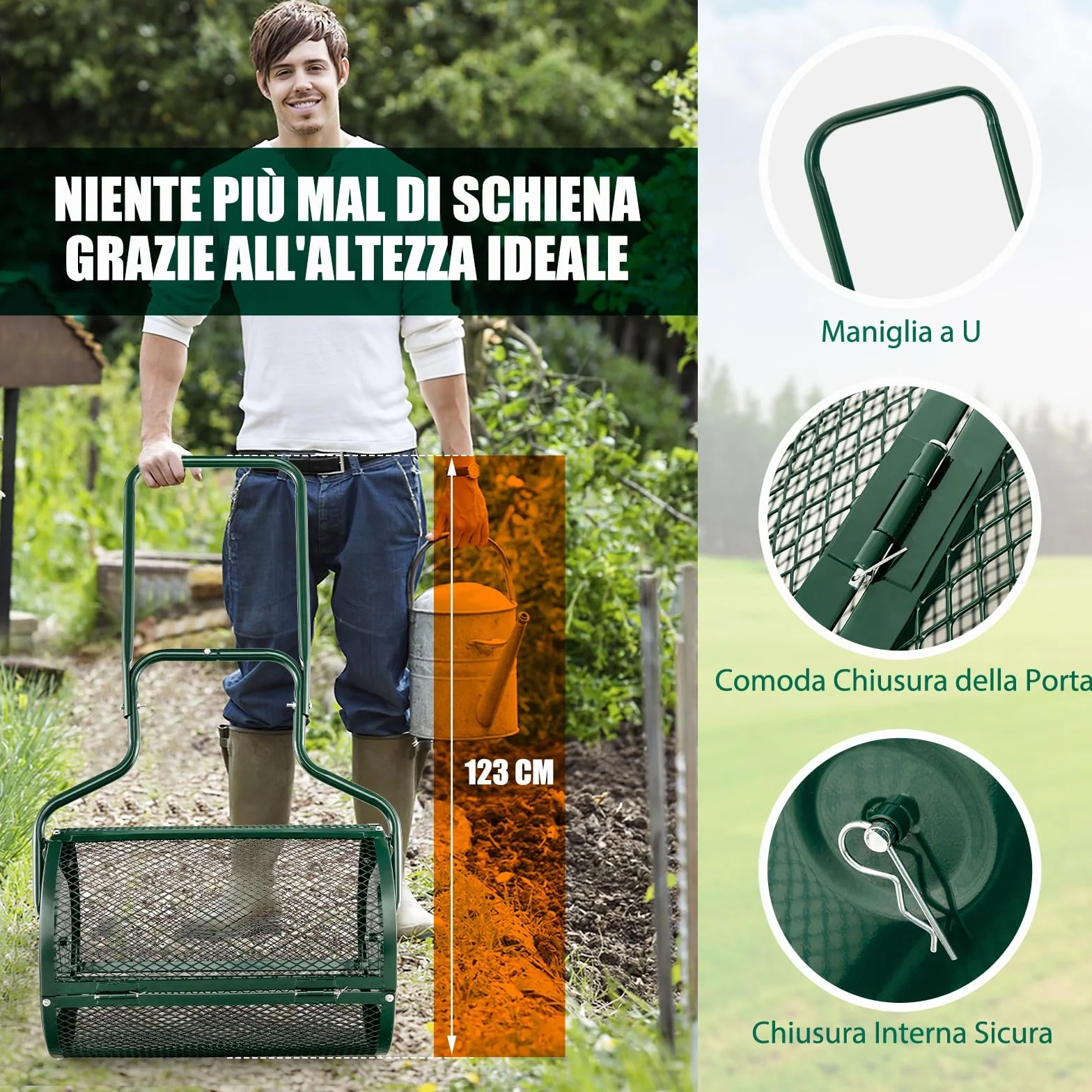 RELAX4LIFE Spandiconcime da 75L, Larghezza 60 cm, Ø Rullo: 41 cm, Spanditore da Giardino/Prato con Cestello in Rete Metallica e Manico, per Compost, Torba, Semi e Terriccio (41 x 60 cm,Verde)