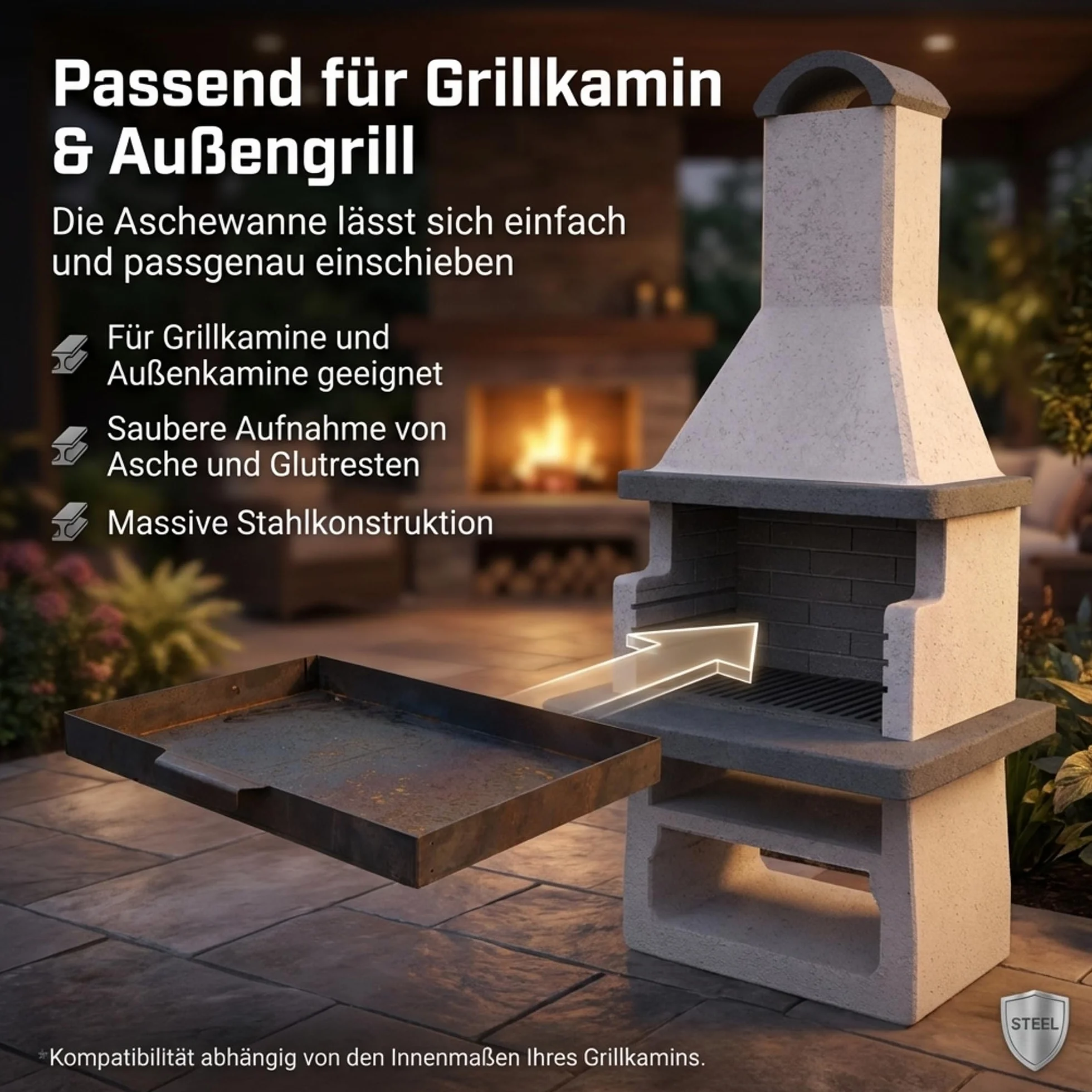 EWH Aschekasten per barbecue in acciaio CorTen resistente alle intemperie/estetica ruggine (49 x 34 cm) Contenitore per cenere/cenere per barbecue a esterno Camino esterno
