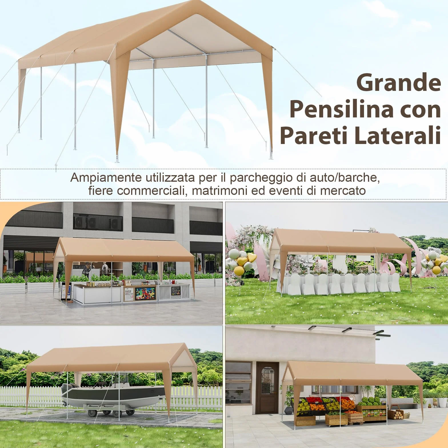 COSTWAY Gazebo Tenda per Posto Auto da Esterno, Tendone Garage per Auto, Carport Tenda Impermeabile in Metallo, 301 x 600 x 285 cm