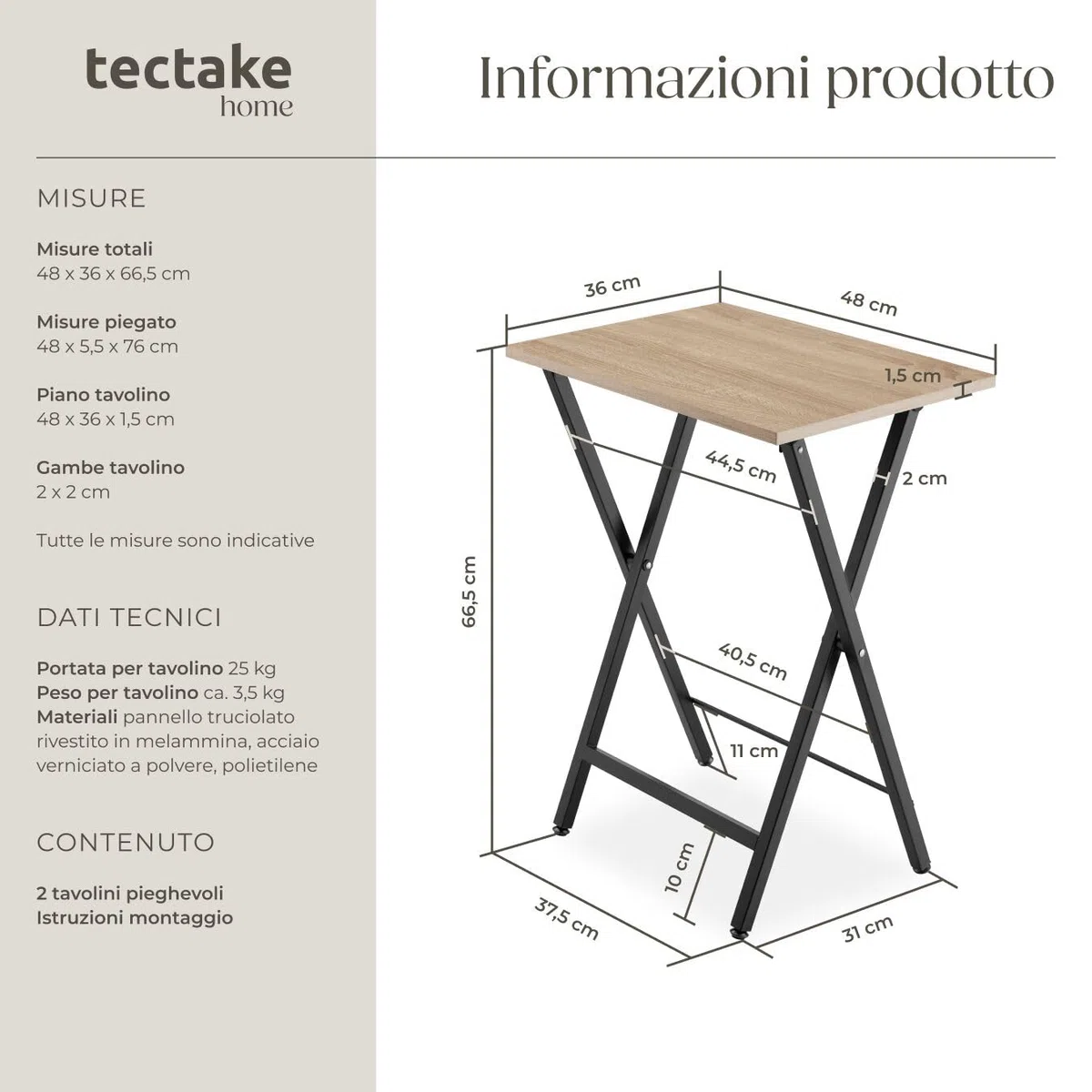 tectake 801167 Set di 2 tavolini Phoenix, Pannello in truciolato effetto legno, Stabile telaio in acciaio (Industriale legno chiaro, rovere Sonoma)
