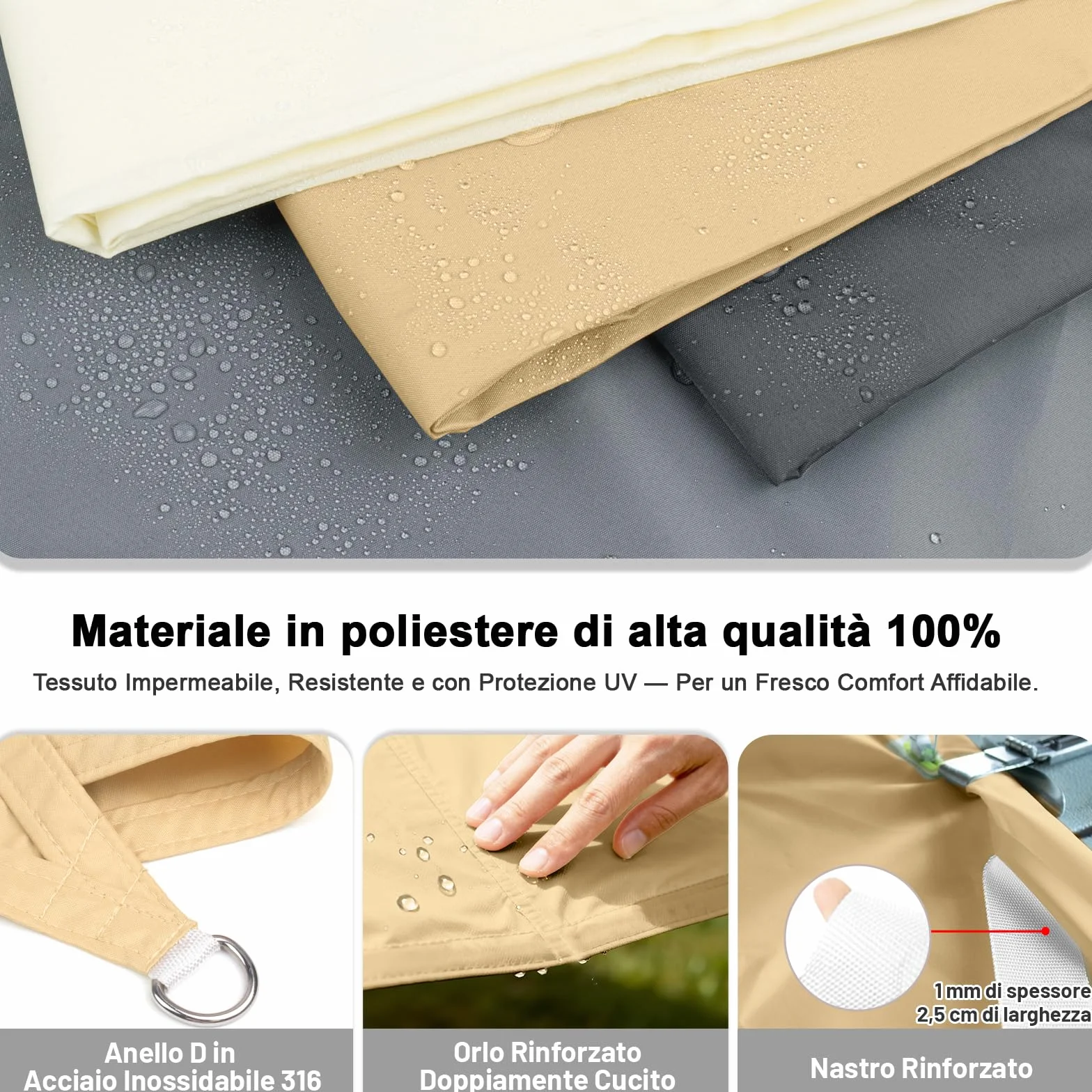 Tenda a Vela Impermeabile 3x4m Rettangolare Protezione UV 95% Giardino Terrazza Patio Sabbia