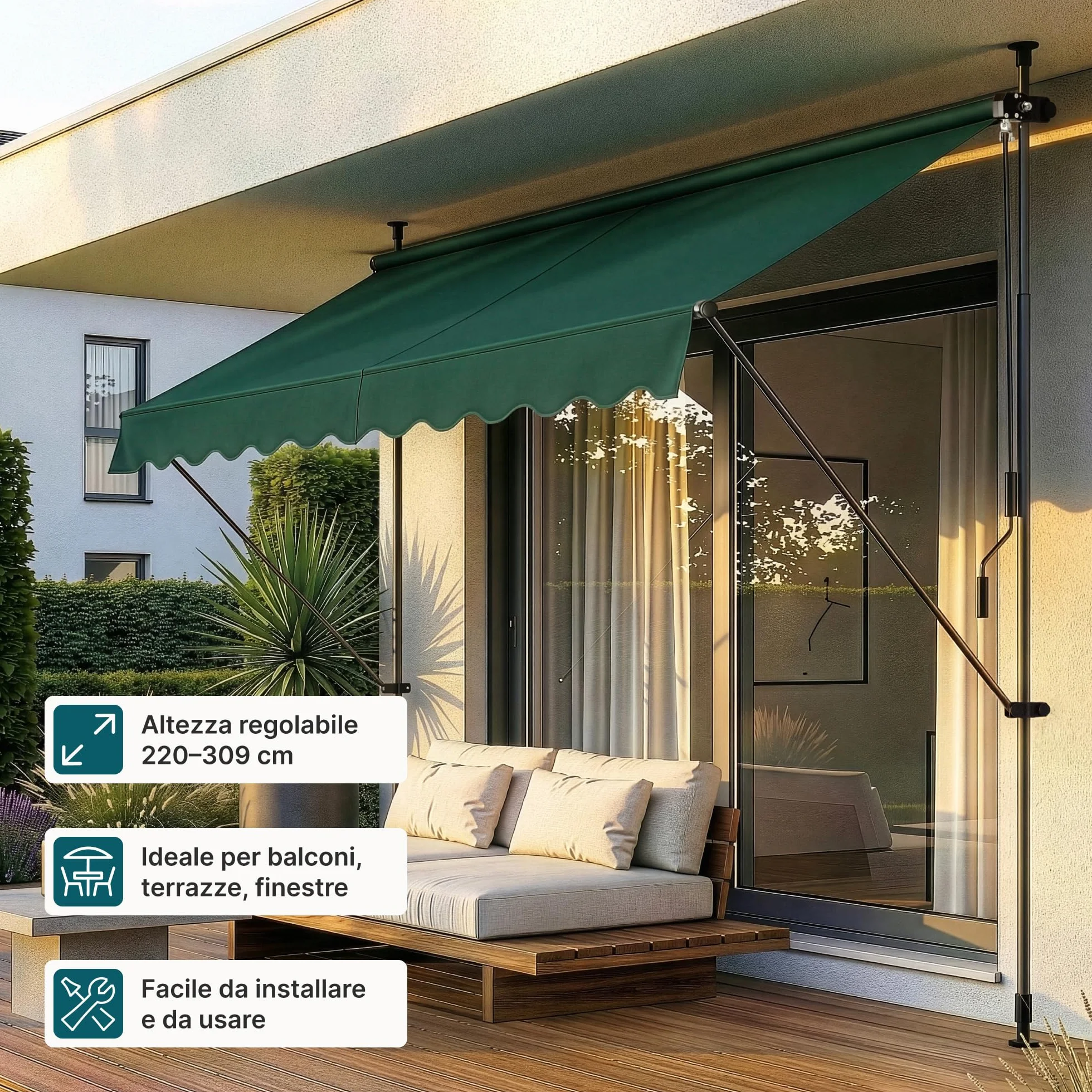 pro.tec Tenda da Sole a Muro 300x120 cm Verde Scuro con Pali Telescopici Manovella