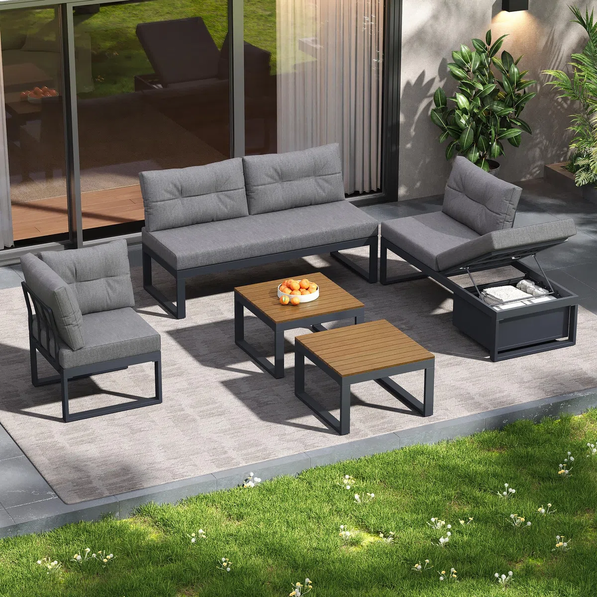 Set di mobili da giardino,Divano da giardino da esterno con schienale regolabile su 3 livelli,Divano con spazio di archiviazione e funzione di inclinazione,Adatto per terrazzi e giardini,Grigio