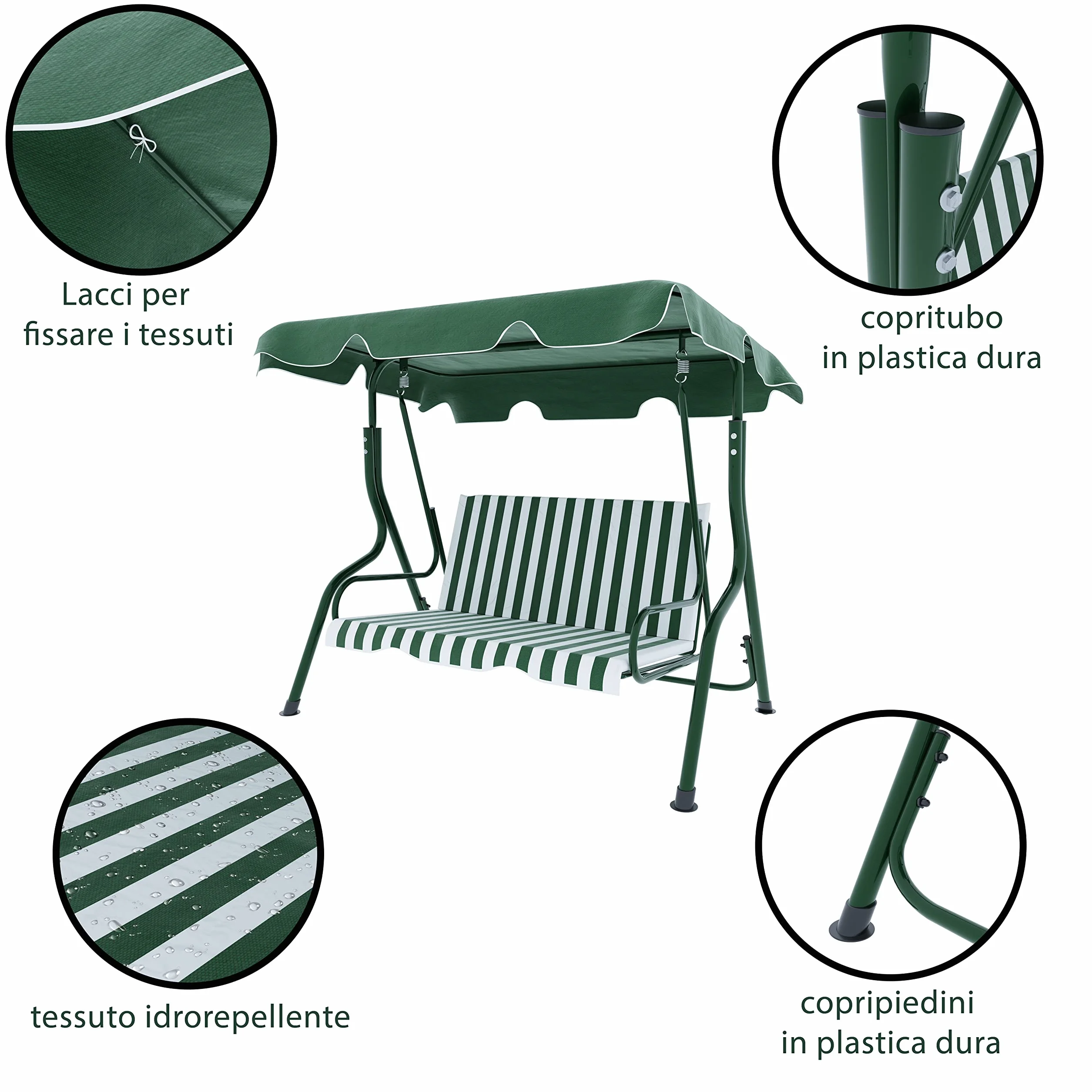 Dondolo 3 Posti Con Tettuccio Parasole Regolabile Cuscini Imbottiti Struttura Robusta In Acciaio Verniciato Da Esterno Giardino Balcone Terrazzo Piscina 170 x 110 x 153 Cm (Verde A Righe)