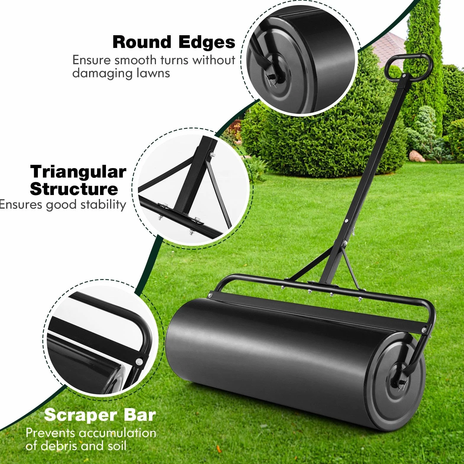 SOARS Rullo da Giardino Ø40 cm e 90 di Larghezza, Rullo da Prato in Metallo Manuale e per Trattorino, Rullo con Raschiatore Antisporco e Riempibile con Acqua/Sabbia (Nero, 113L)