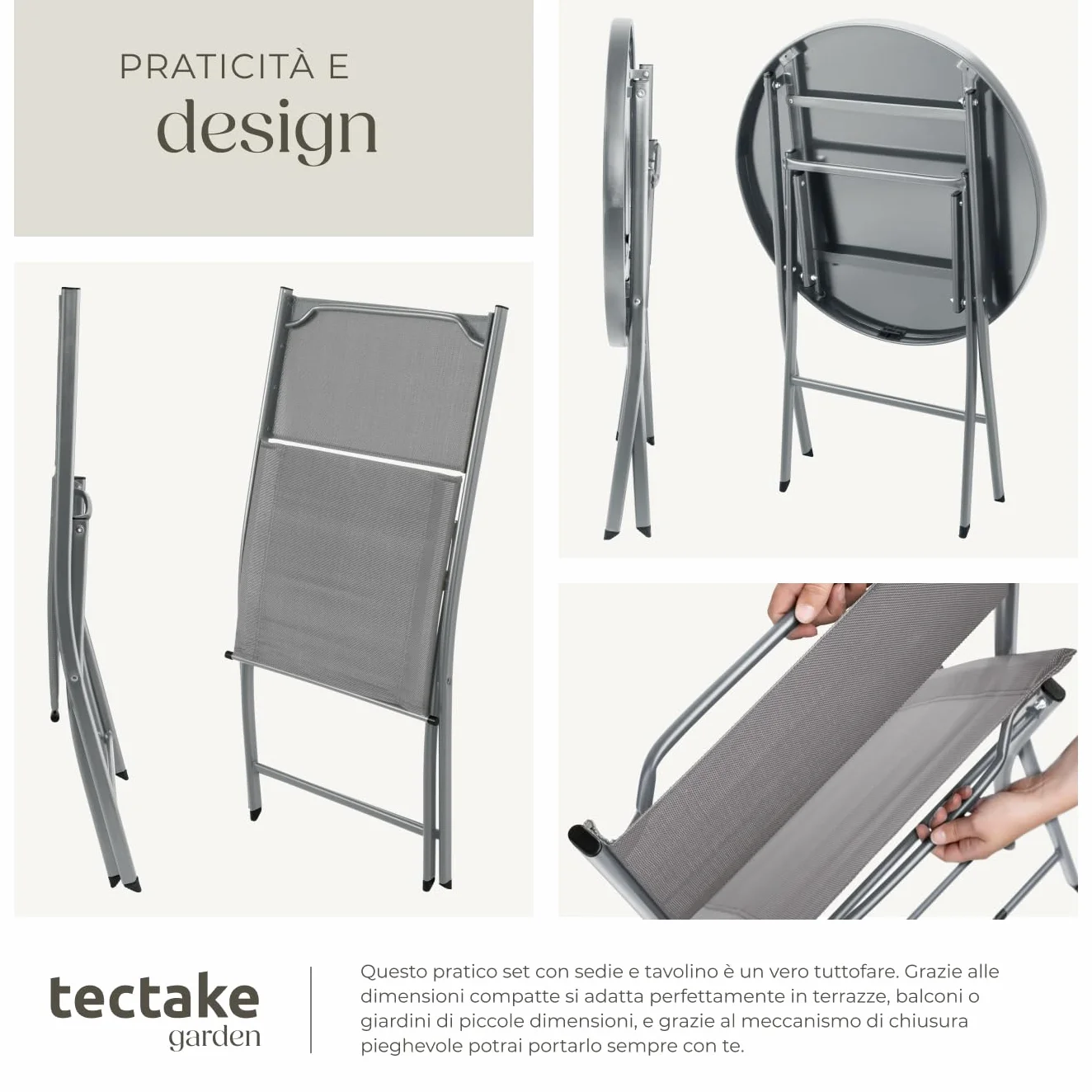 Set da Balcone Düsseldorf Tavolino Salotto con Piano in Vetro e 2 Sedie Mobili da Giardino con Telaio in Acciaio Richiudibile Trasportabile Design Moderno Grigio