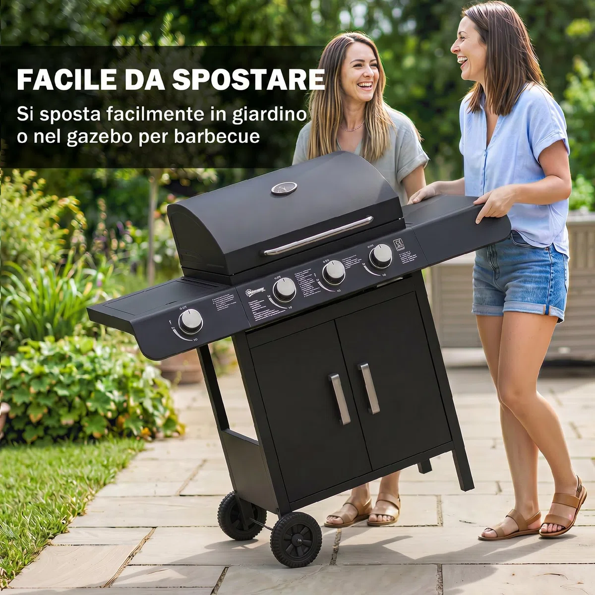 Outsunny Barbecue a Gas 4 Bruciatori 11.6kW Termometro Fornello Laterale Mensola 2 Ruote 110x50x100cm Nero