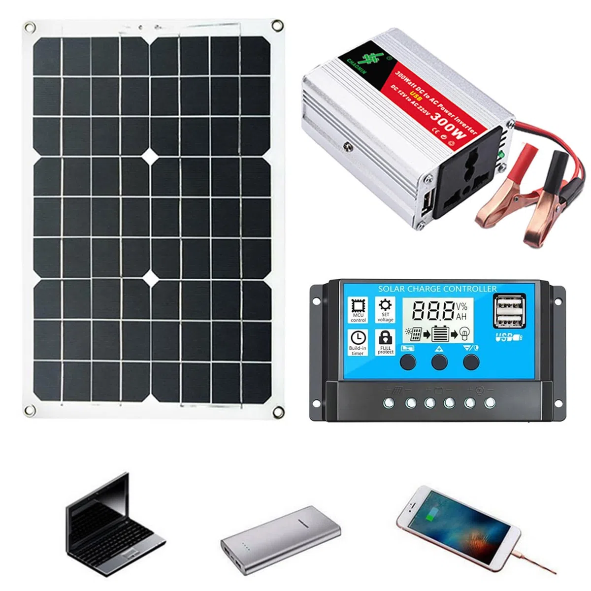 Kit pannello solare - Generatore solare 300W con prese 220V AC - per RV Off Grid con batteria e inverter, regolatore di carica 30A, inverter.