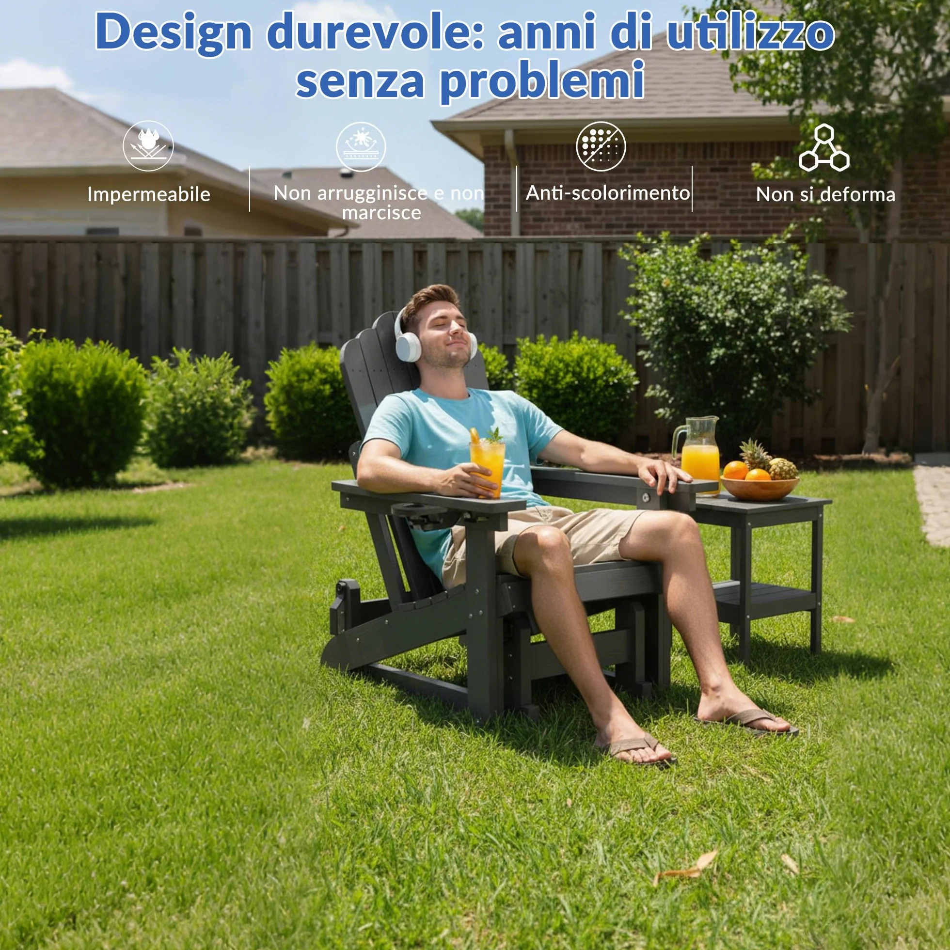 Sedia a dondolo Adirondack con schienale regolabile,sedia a dondolo per patio in simil-legno resistente alle intemperie con portabicchieri, meccanismo di oscillazione fluido,capacità di peso 200 kg