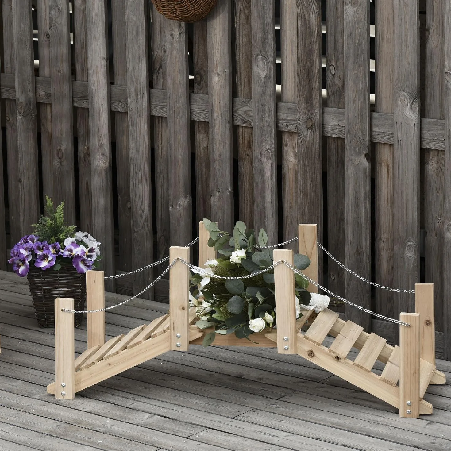 Ponticello da Giardino in Legno per Laghetto con Passerella ad Arco Impermeabile 100x32x48cm