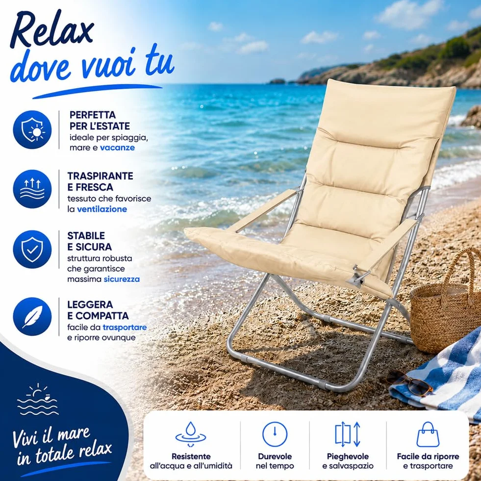 BAKAJI Spiaggina Pieghevole Portatile Sedia Canapone Sdraio Richiudibile Struttura in Tubolare di Alluminio Rivestimento in Tessuto Oxford Imbottito per Spiaggia Mare Campeggio (Beige)