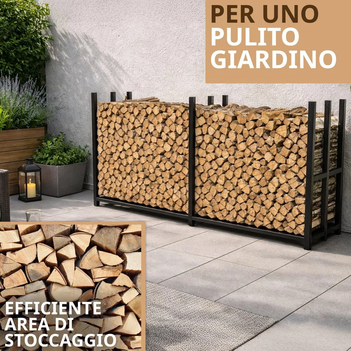 Portalegna da esterno in metallo zincato nero 223 x 50 x 115 cm legnaia per legna da ardere
