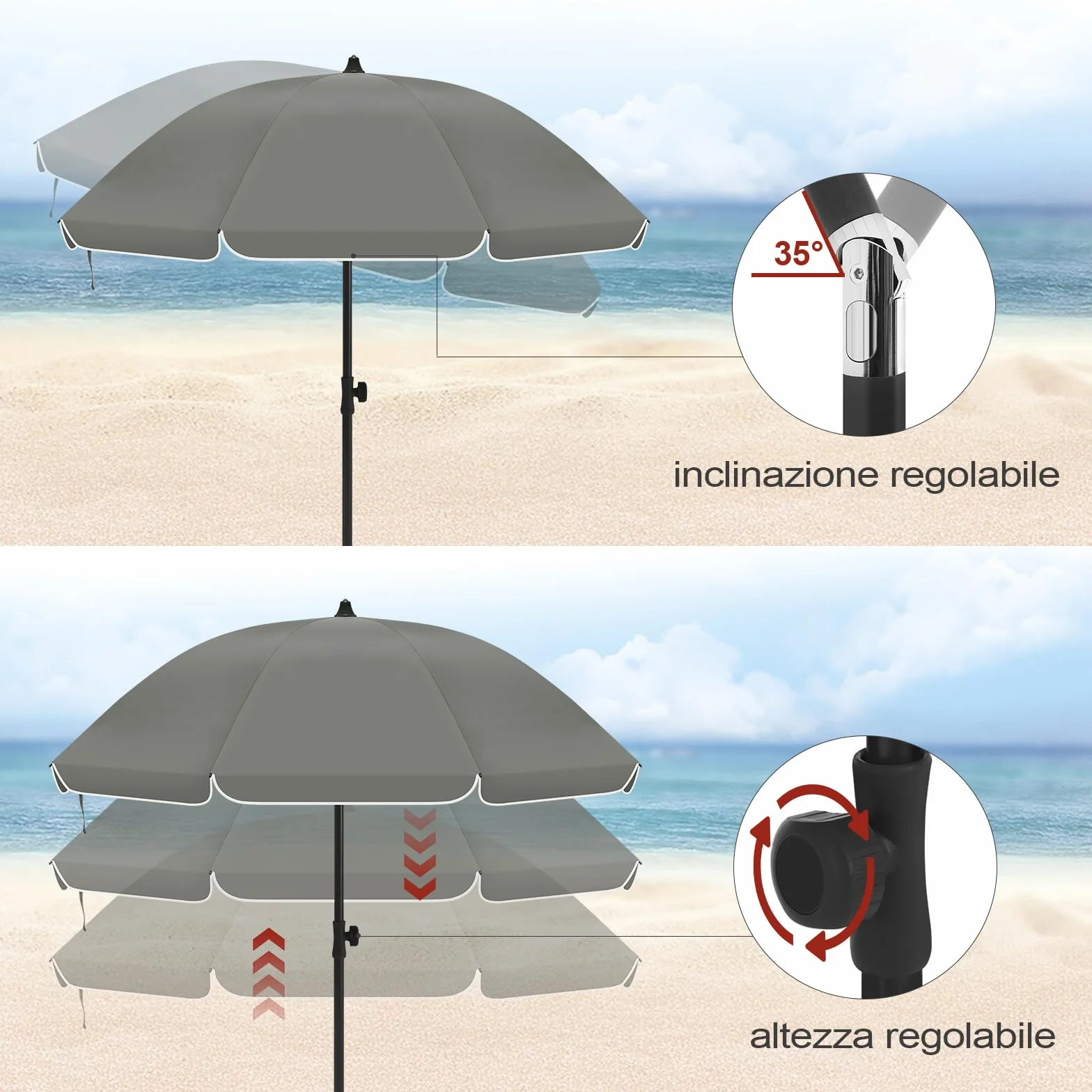 Laneetal Ombrellone da Spiaggia UV UPF 50+ φ135/155/175cm Regolabile in Altezza Portatile con Borsa