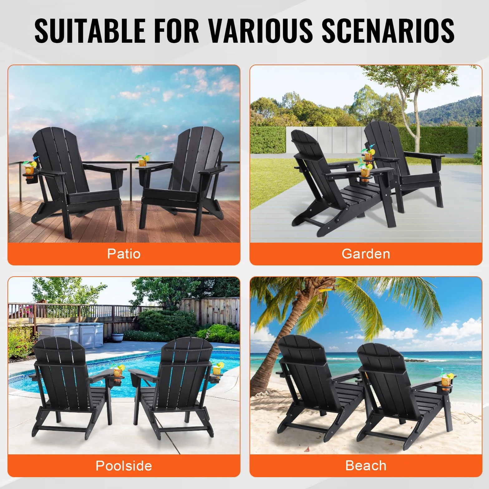 VEVOR Sedie Adirondack in Plastica Set di 2, Sedie da Esterno Pieghevoli Portatili Resistenti alle Intemperie per Patio con Portabicchieri, Bracciolo Rilassante Ergonomico, per Giardino Cortile, Nero