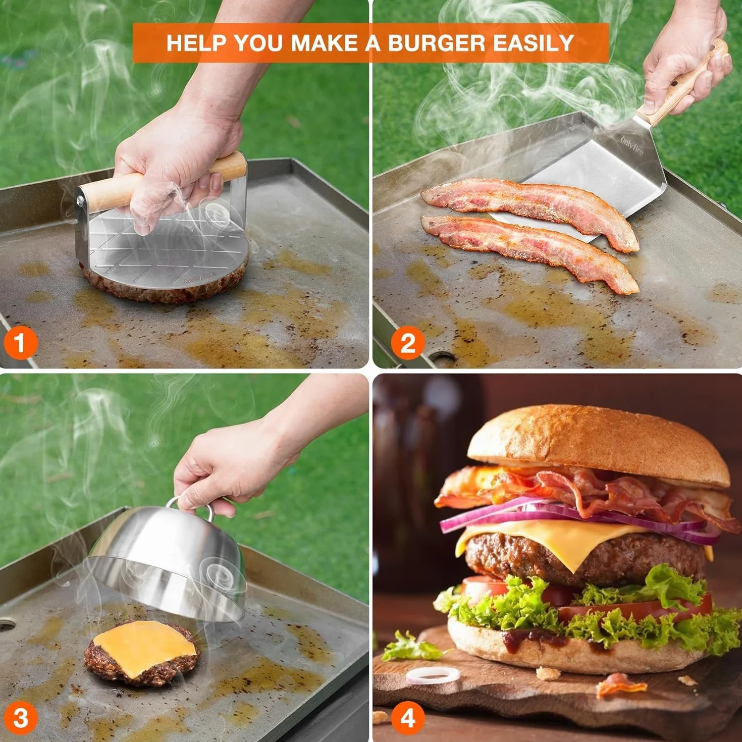 Onlyfire Kit Smash Burger, Coperture per Hamburger da 2 x 16 cm, Pressa per Hamburger Rotonda e Spatola da Grill Grande, Accessori per Barbecue per Piastra, Teppanyaki e Campeggio