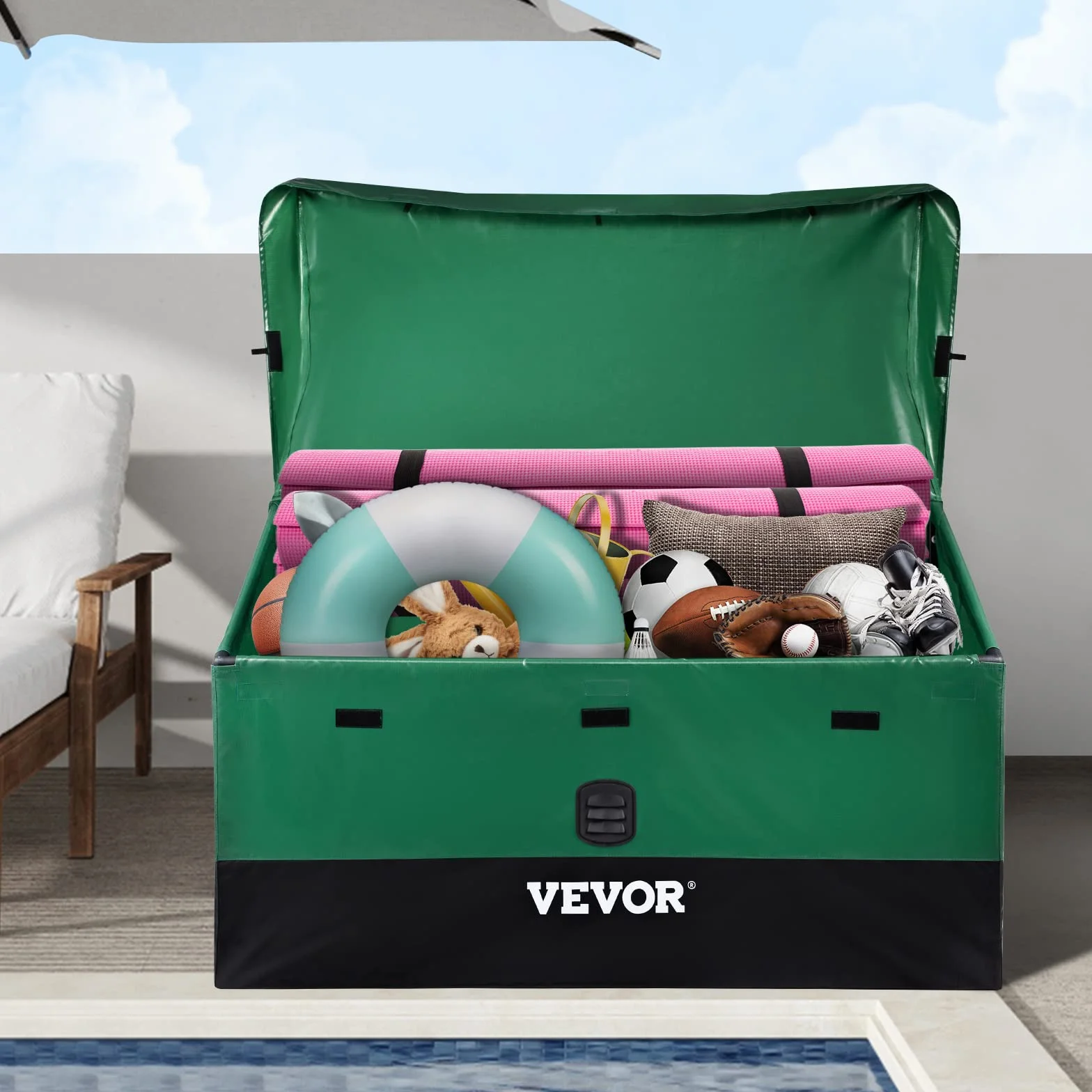 VEVOR Scatola per Stoccaggio da Esterno in PE Impermeabile con Coperchio Manici Laterali Volume da 440L, Contenitore Porta Attrezzi da Giardino con Coperchio Inclinata Capienza 440L, Baule da Giardino