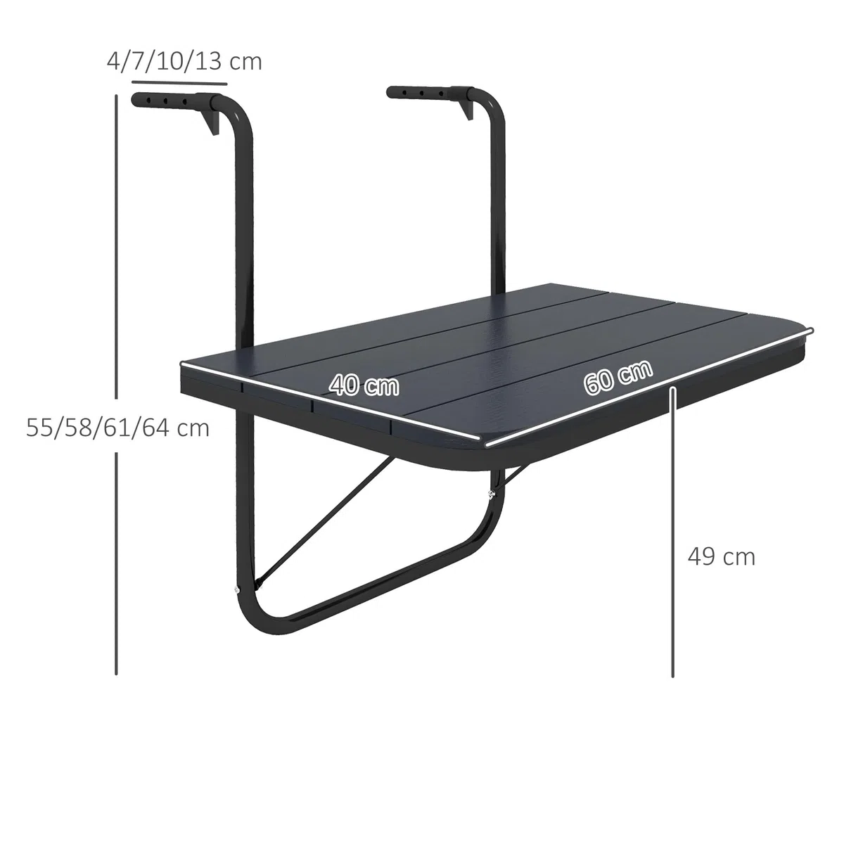 Outsunny Tavolino da Balcone Pieghevole Regolabile, Alluminio Composito Plastico Effetto Legno, Nero