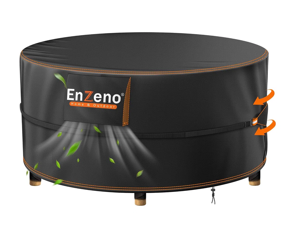 Enzeno Copertura per mobili da giardino impermeabile, rotonda per tavolo da giardino con prese d'aria, tovaglia rotonda in tessuto Oxford 420D, anti-UV, antistrappo (190x80 cm)