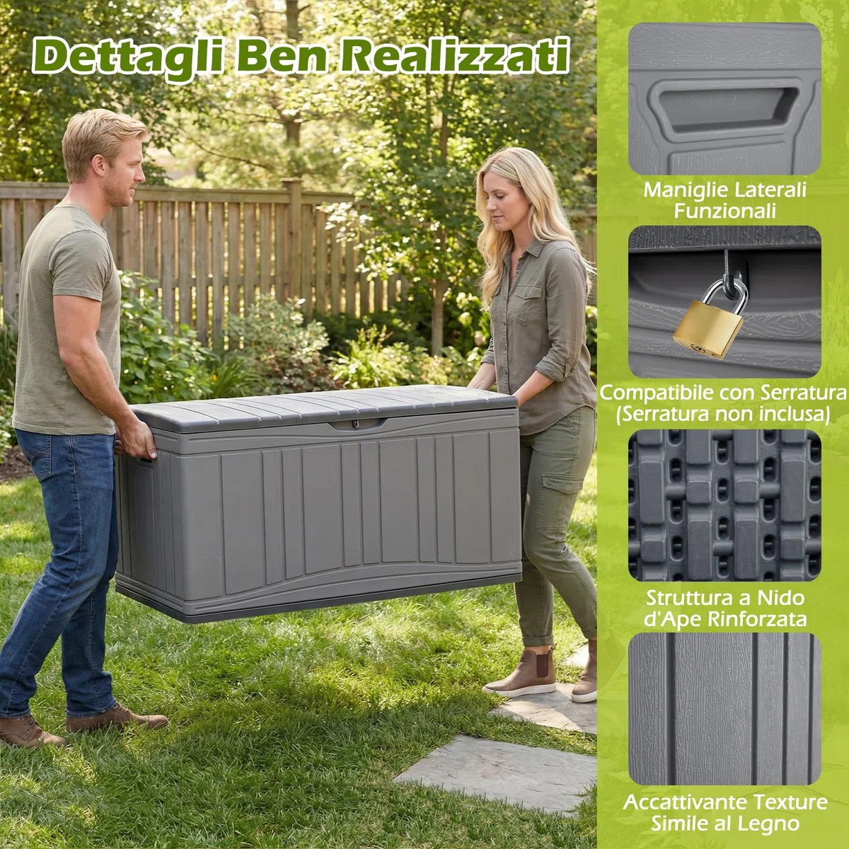 COSTWAY Baule da Esterno 300L Impermeabile in Resina, Cassapanca Contenitore da Esterno con Pistoni a Gas, Predisposizione per Serratura e 2 Maniglie Laterali, Resistente, 114 x 55 x 61 cm (Grigio)