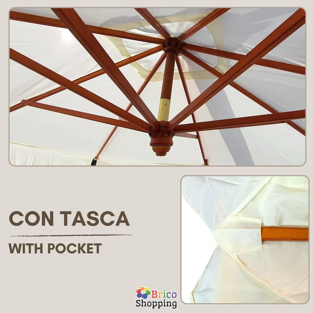 BricoShopping® Telo Ricambio Ombrellone Decentrato 3x4 m Impermeabile 250 gr/mq con Airvent, Copertura 280x380 cm con Tasche per Ombrellone a Braccio 8 Stecche in Legno