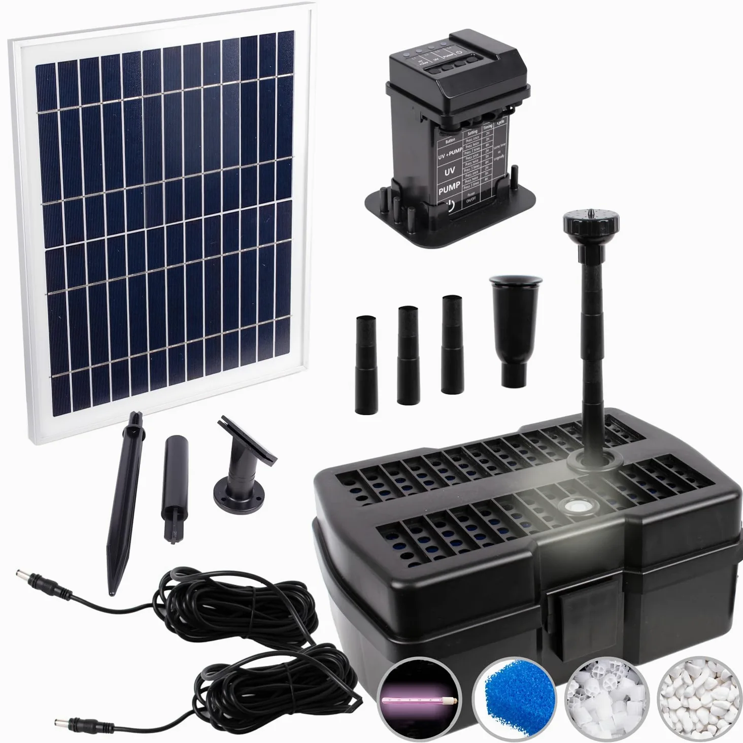 Innovativo filtro solare per laghetto, pompa solare per laghetto, fontana a energia solare, per laghetto da giardino, pannello solare in robusto telaio in alluminio (Solar Aqua-Vital 12-UV-C)
