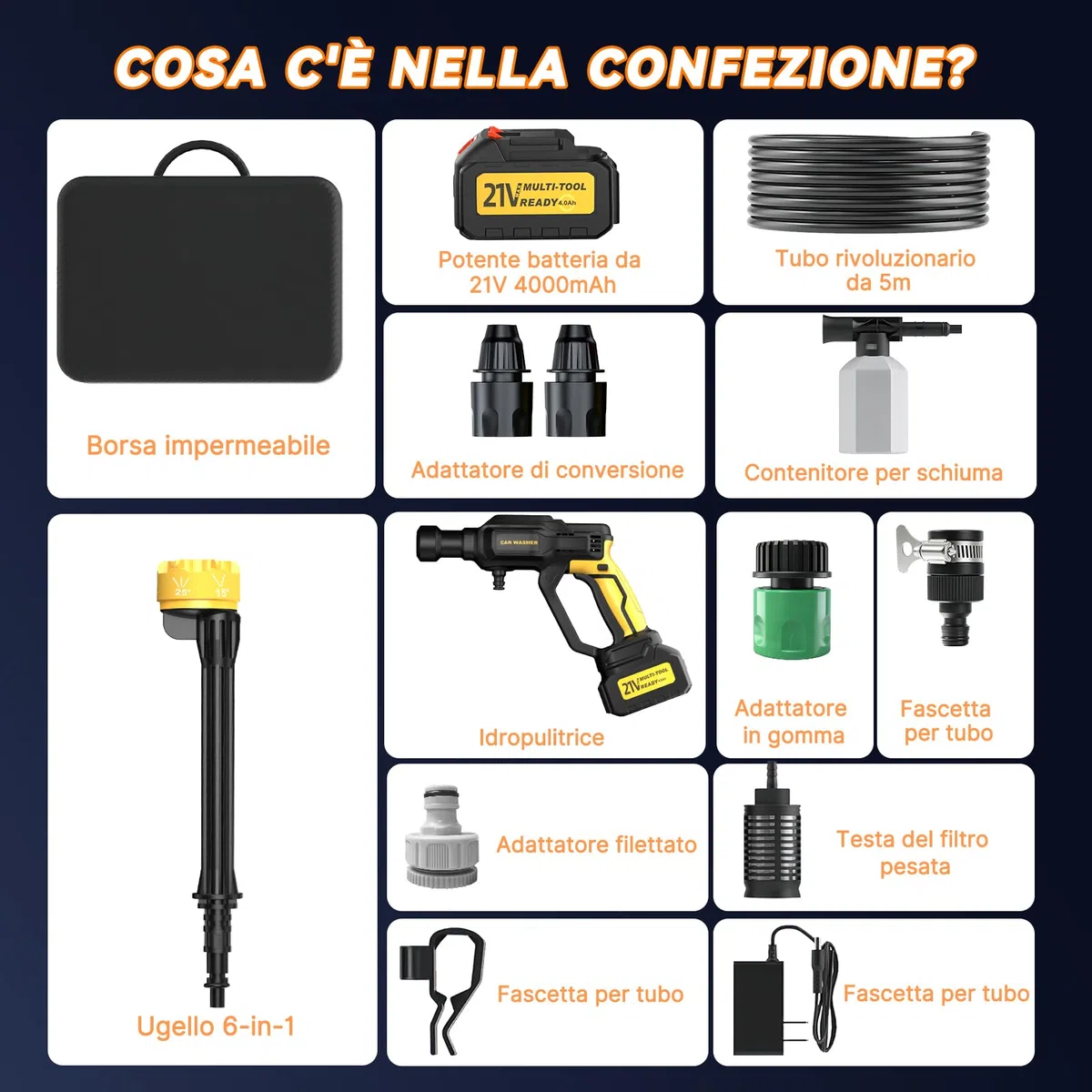 Idropulitrice a Batteria Portatile Professionale 5M Tubo Ugello 6 in 1 per Giardino Auto