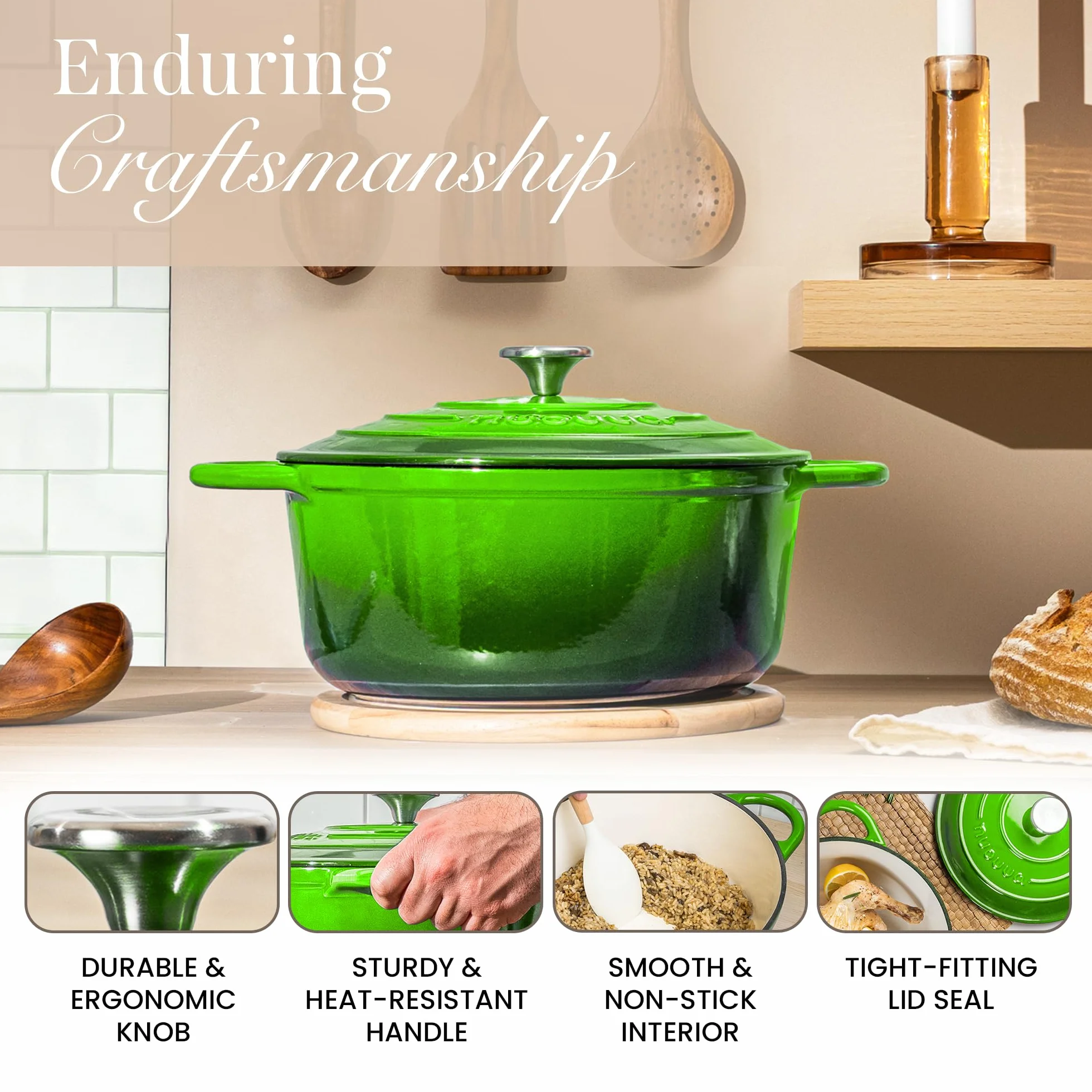 Casseruola in Ghisa Smaltata, Pentola Olandese Antiaderente con Coperchio, Induzione/Gas/Forno, Cottura Omogenea – 4.7 Liter 28cm Verde – da Nuovva