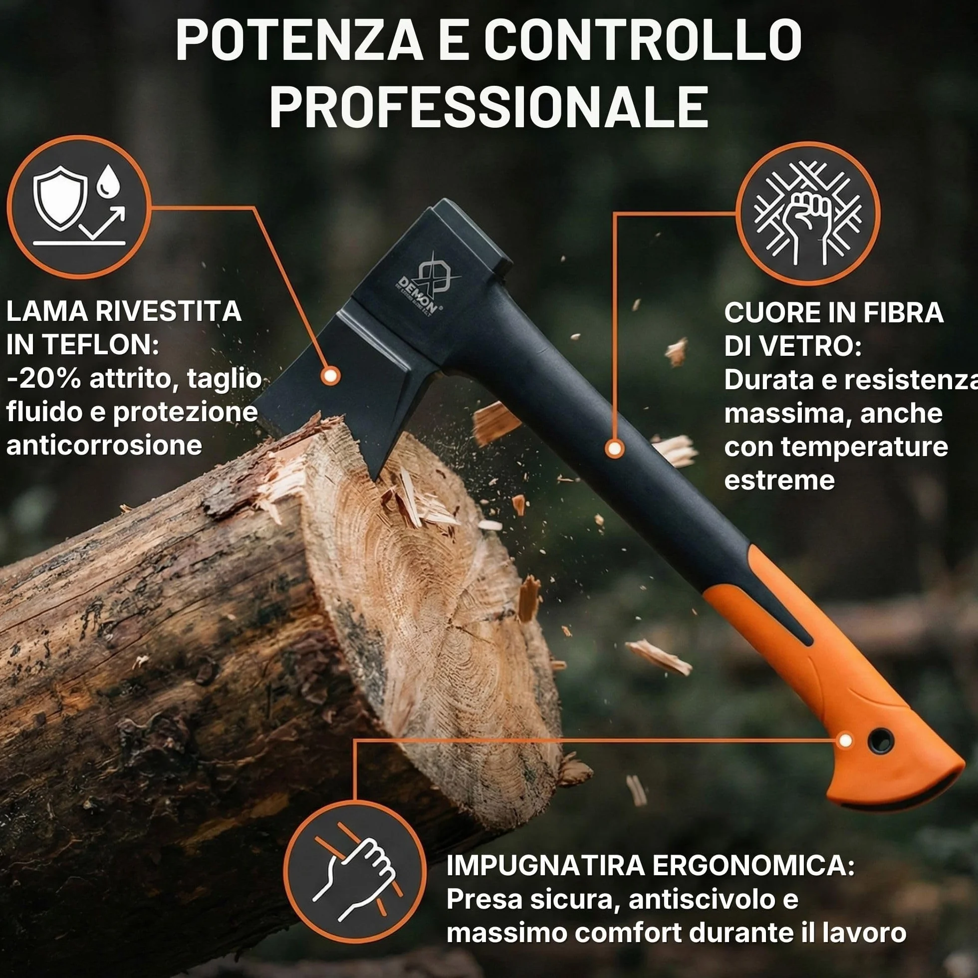 Ascia Spaccalegna Professionale 1250g 60,5 cm Accetta con Impugnatura Thermoplastic Antiscivolo Custodia