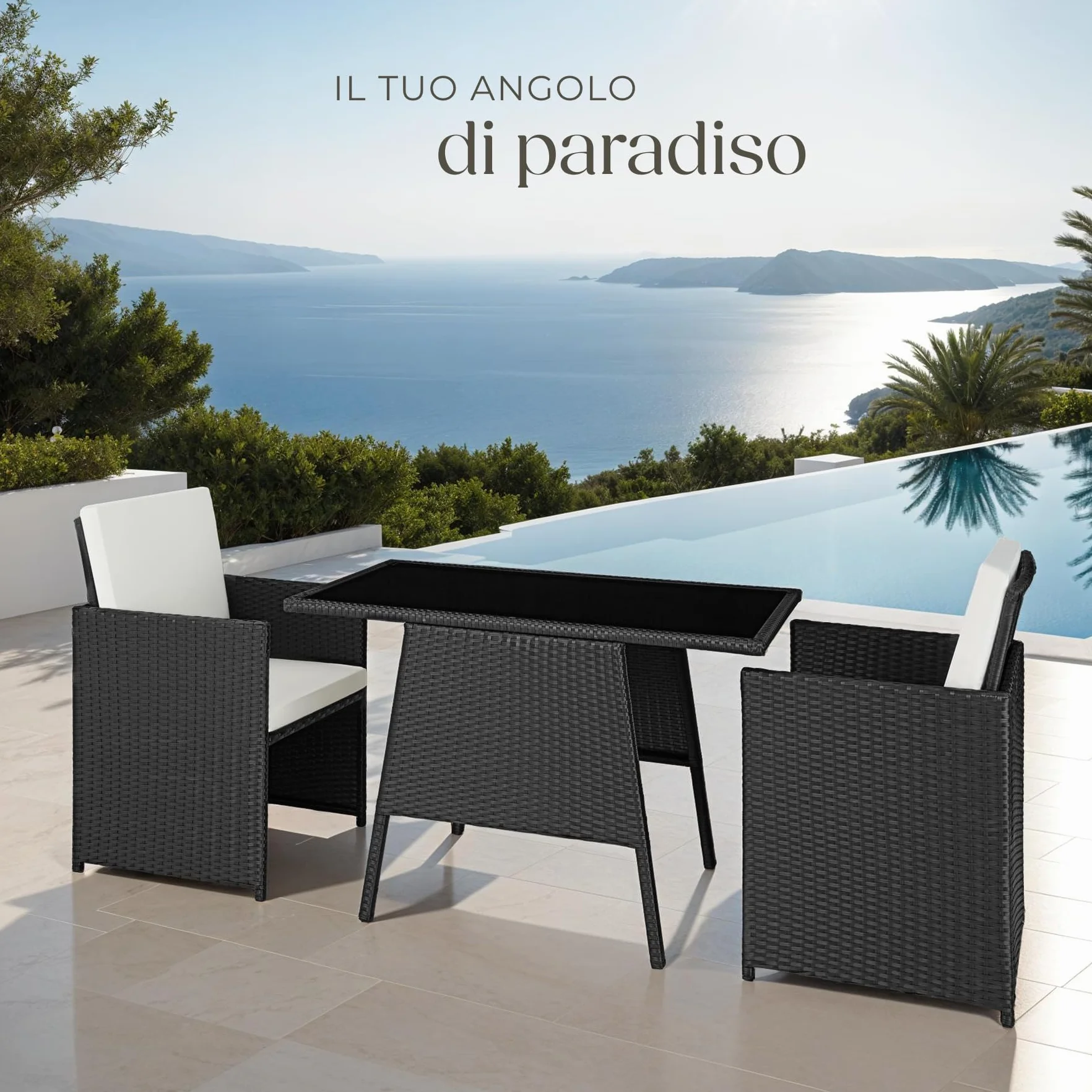 tectake Salottino Rattan Losanna Set da Giardino 2 Poltrone 1 Tavolo Acciaio Vetro Nero