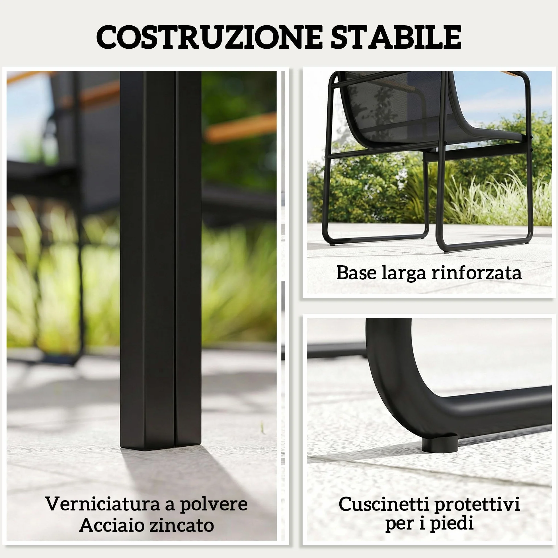 Outsunny Set Tavolo e Sedie da Giardino 7 Pezzi, Pranzo Esterno con Tavolo in Vetro Temperato, Sedie Texteline Traspirante, Acciaio, Nero